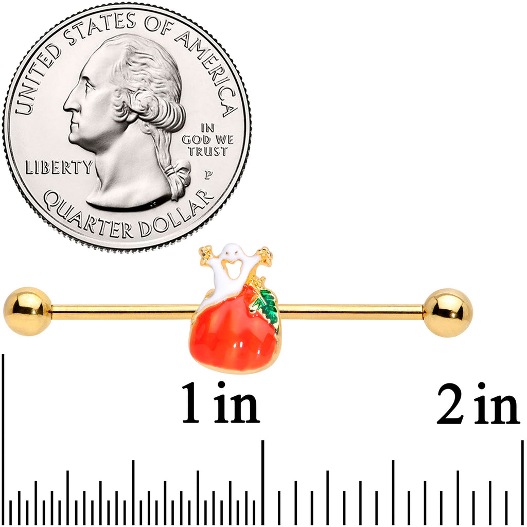 BodyCandy 14G Gold Tone Haunted Pumpkin Industrial Barbell 38mm — lifestyle context