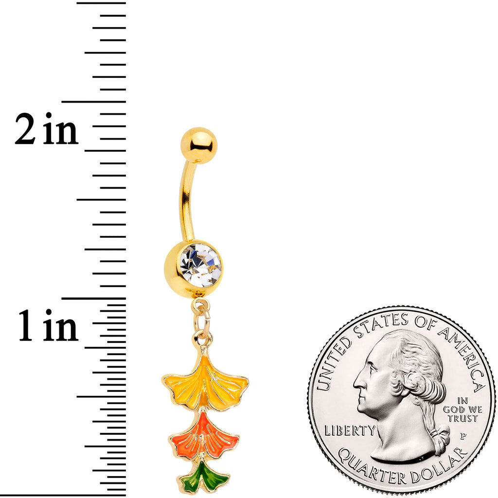 BodyCandy Clear Gem Gold Tone Autumn Leaves Fall Dangle Belly Ring — detail close-up