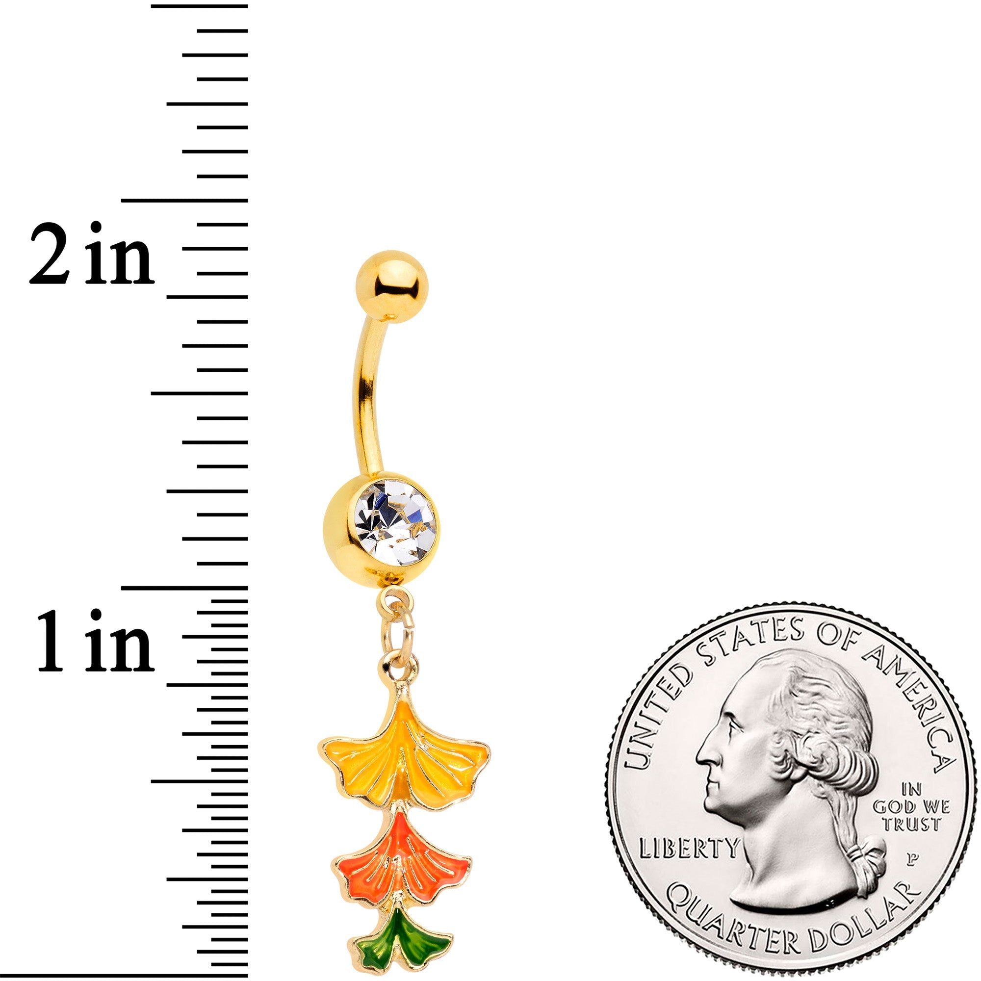 BodyCandy Clear Gem Gold Tone Autumn Leaves Fall Dangle Belly Ring — detail close-up
