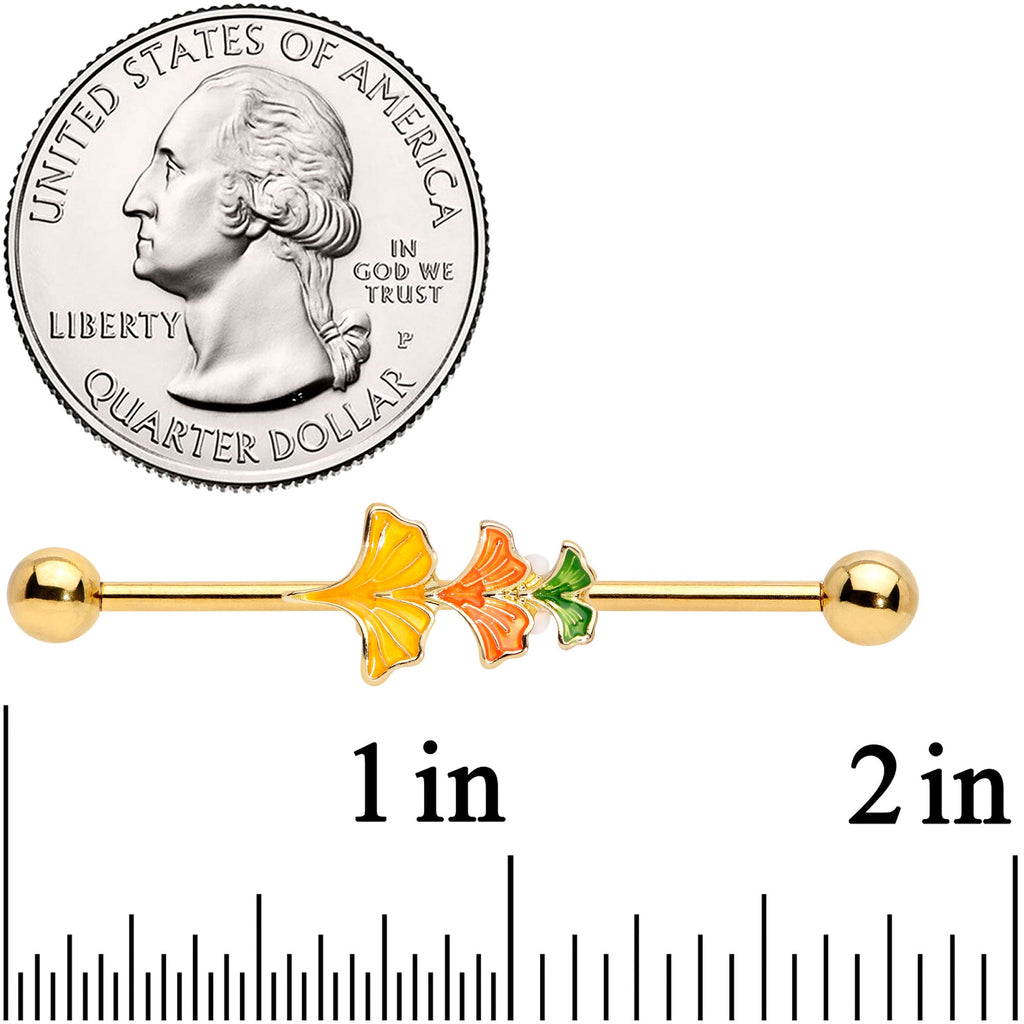 BodyCandy 14G Gold Tone Autumn Leaves Fall Industrial Barbell 38mm — detail close-up