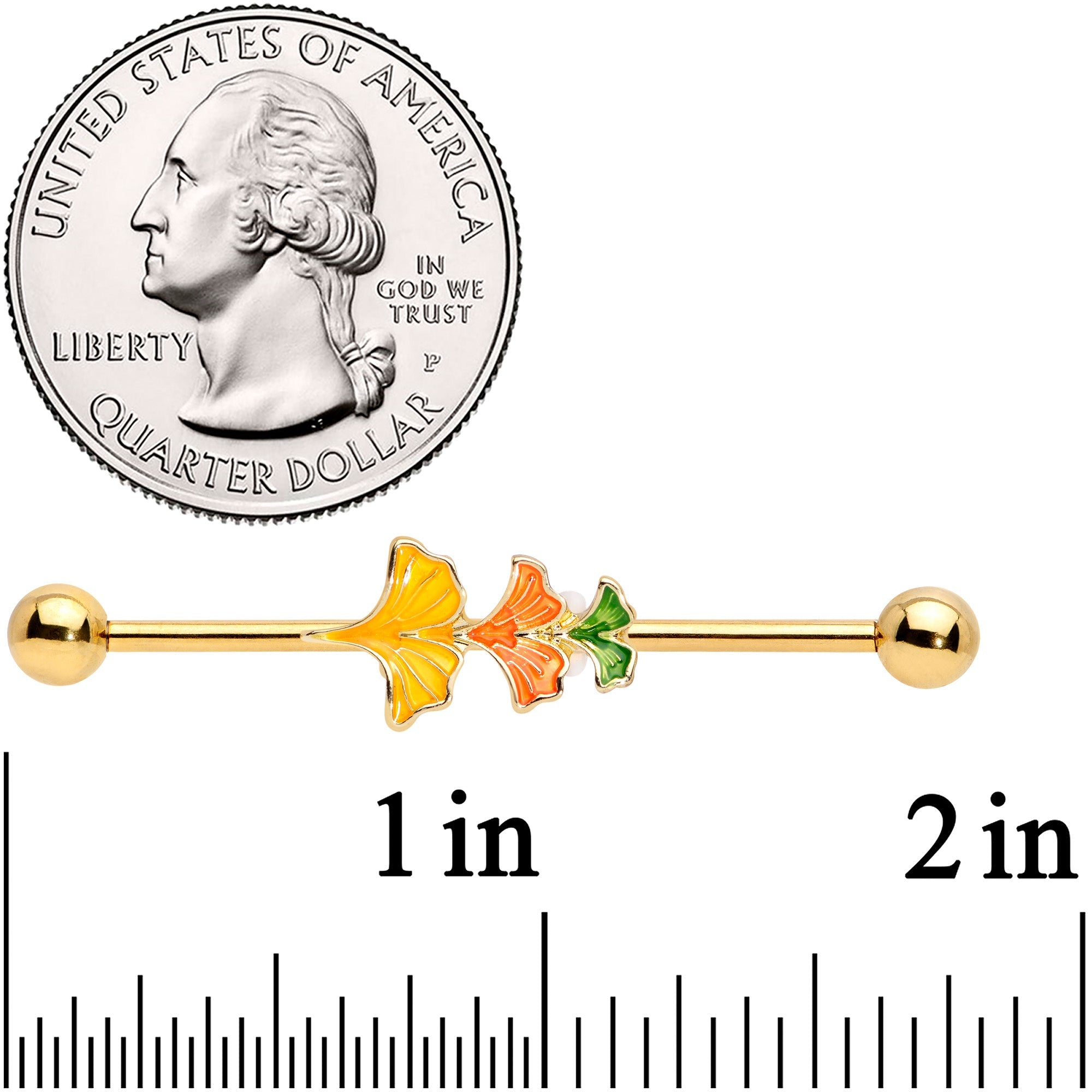 BodyCandy 14G Gold Tone Autumn Leaves Fall Industrial Barbell 38mm — detail close-up