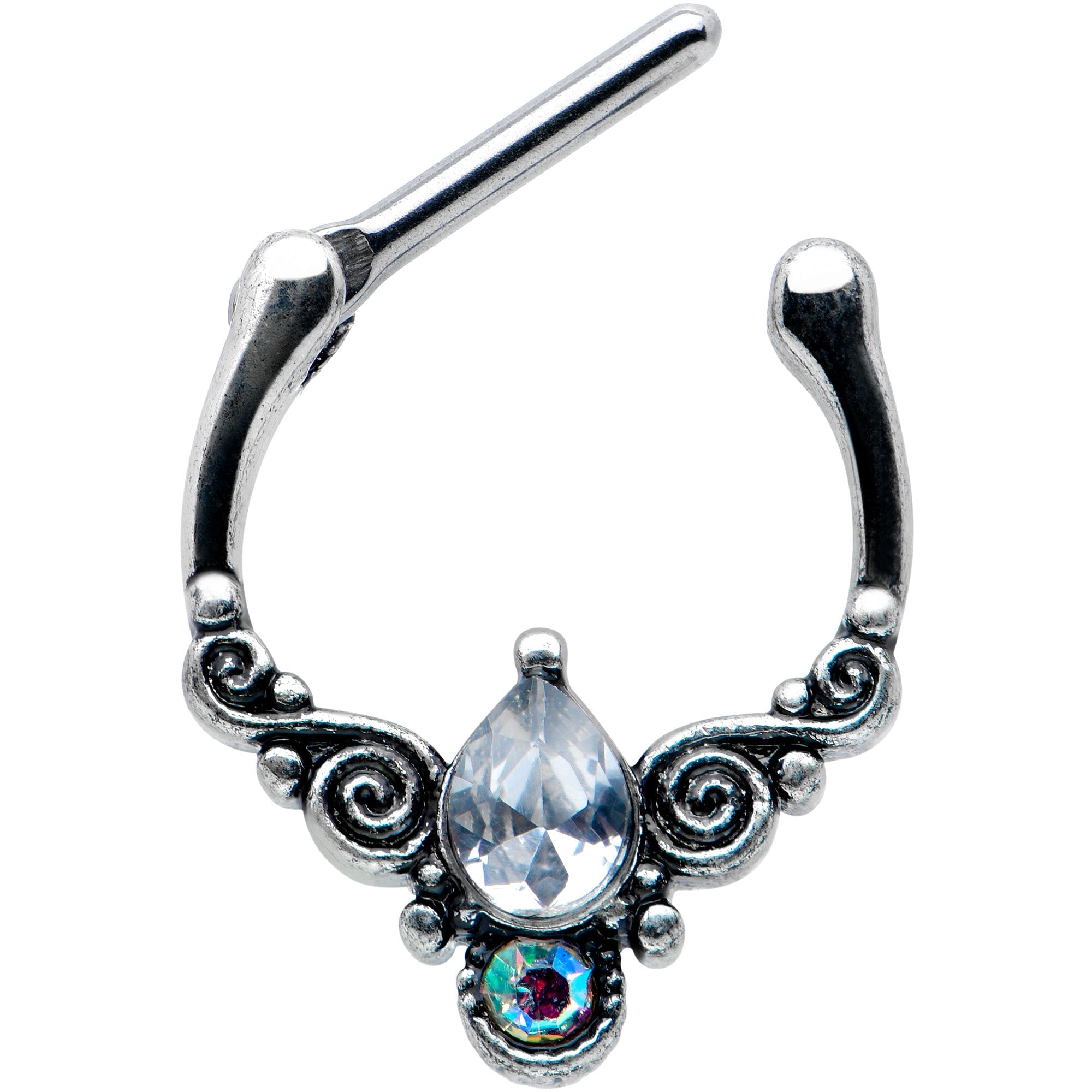 BodyCandy 16G 5/16 Clear Aurora Gem Scrolling Drop Cartilage Clicker — detail close-up