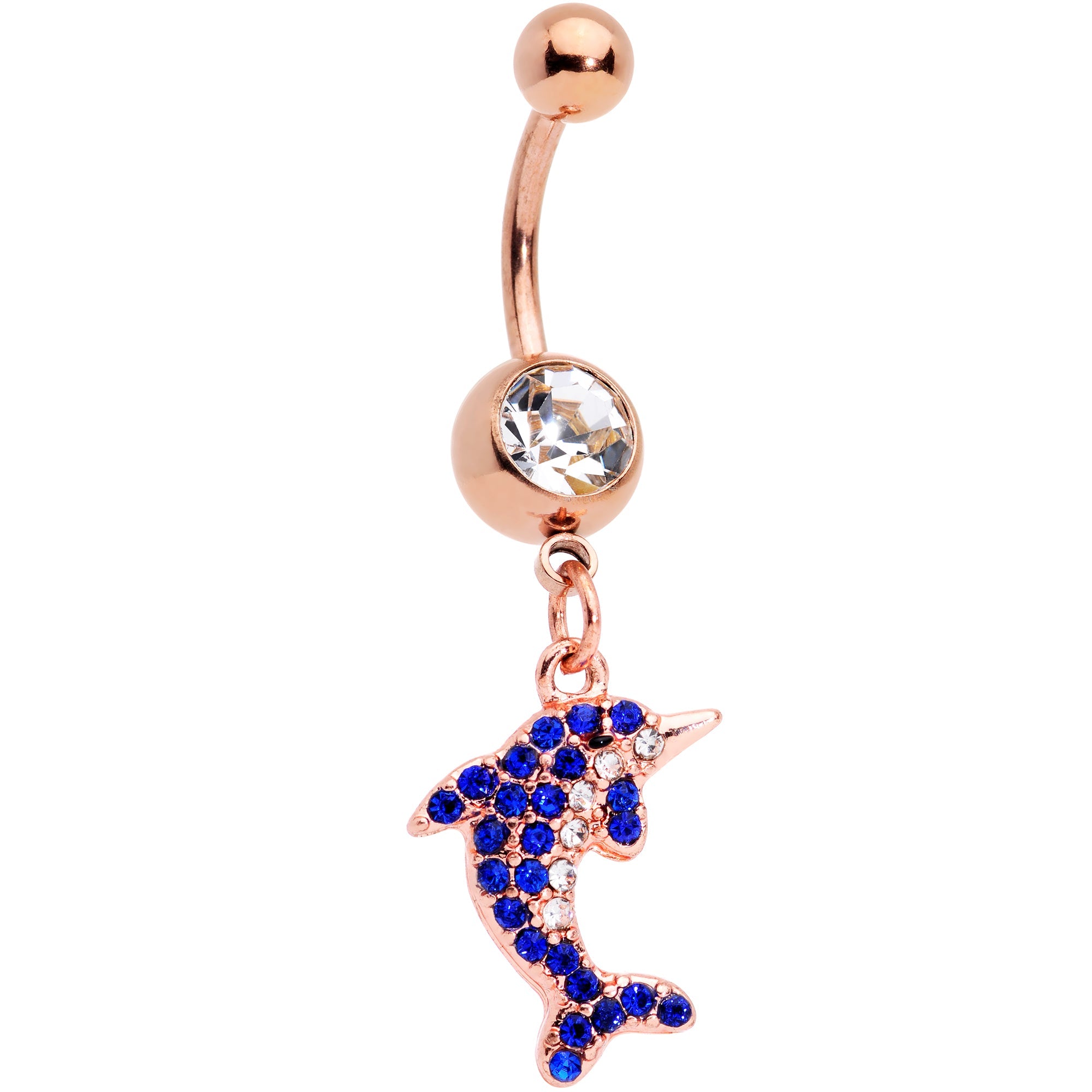 BodyCandy Clear Blue Gem Rose Gold Tone Dolphin Dangle Belly Ring — main product shot