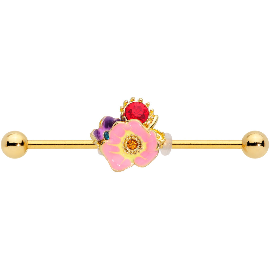 BodyCandy 14G Red Blue Gem Gold Tone Multi Flower Industrial Barbell 38mm — detail close-up
