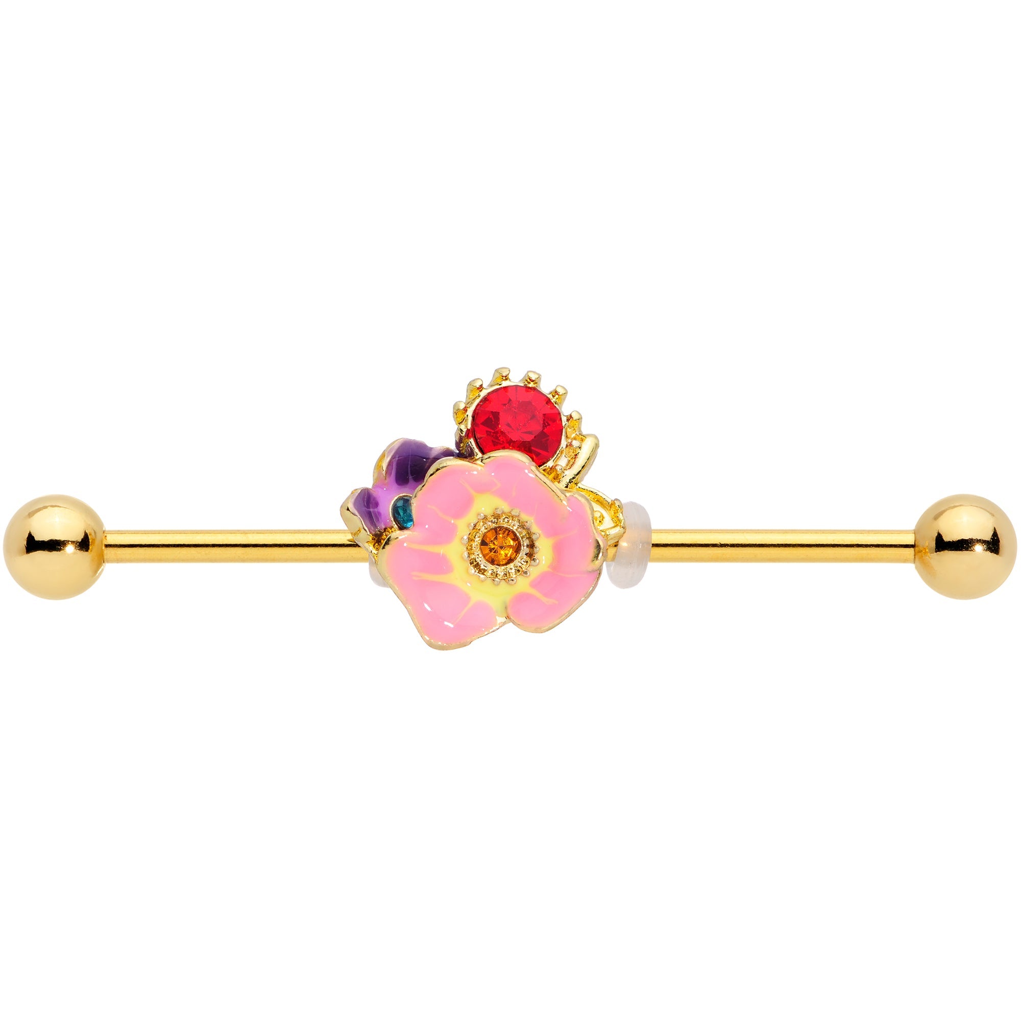 BodyCandy 14G Red Blue Gem Gold Tone Multi Flower Industrial Barbell 38mm — detail close-up