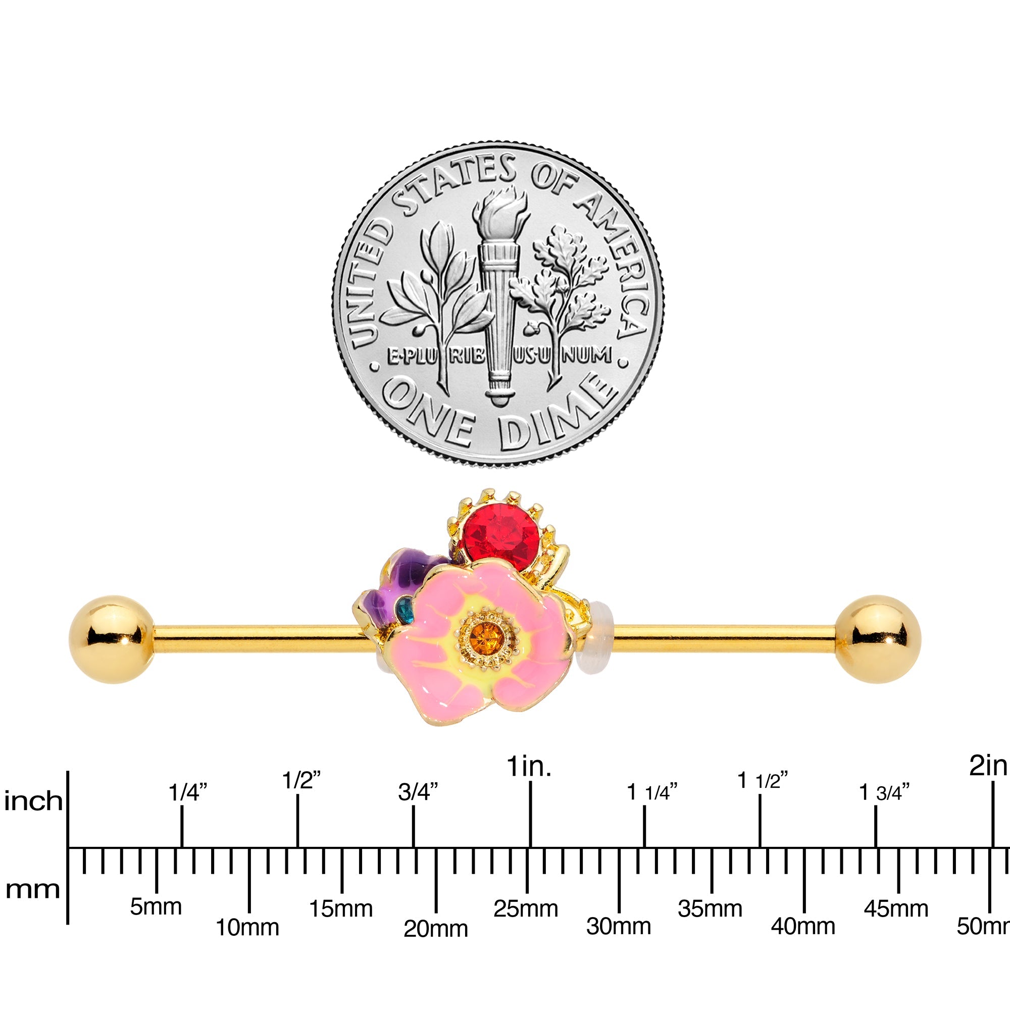 BodyCandy 14G Red Blue Gem Gold Tone Multi Flower Industrial Barbell 38mm — lifestyle context