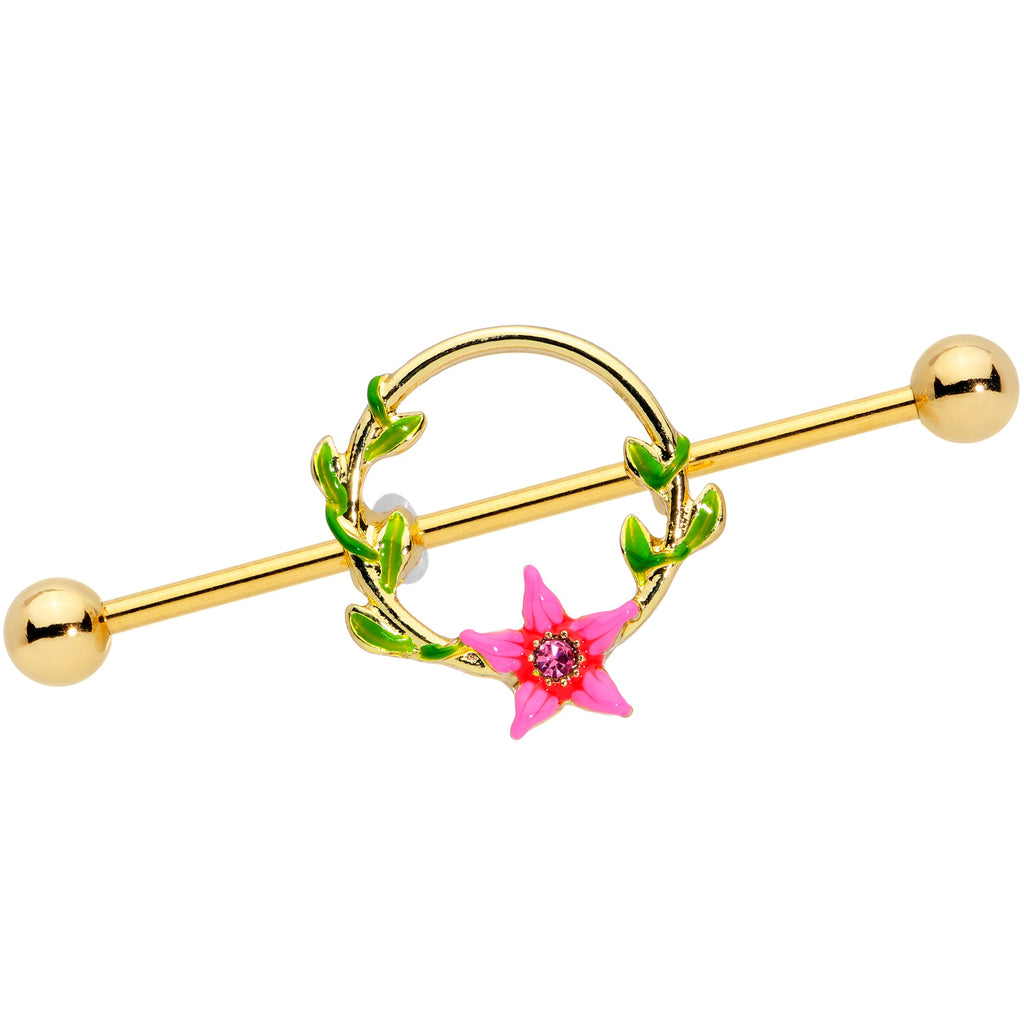 BodyCandy 14G Pink Gem Gold Hue Exotic Flower Circle Industrial Barbell 38mm — main product shot