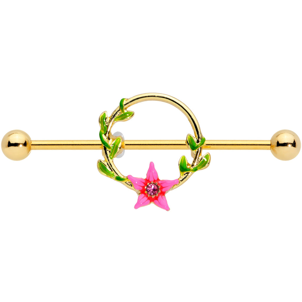 BodyCandy 14G Pink Gem Gold Hue Exotic Flower Circle Industrial Barbell 38mm — detail close-up