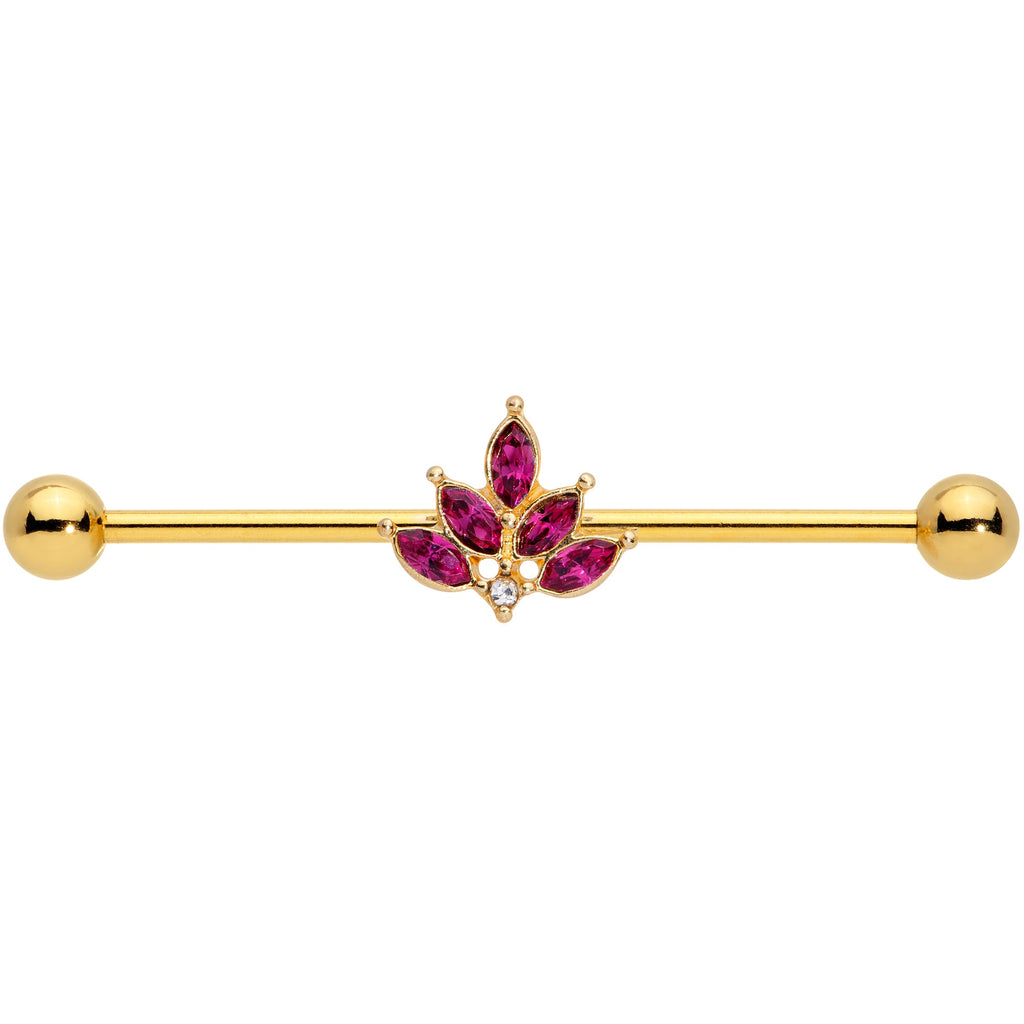 BodyCandy 14G Dark Red Gem Gold Tone Autumn Leaves Industrial Barbell 38mm — detail close-up