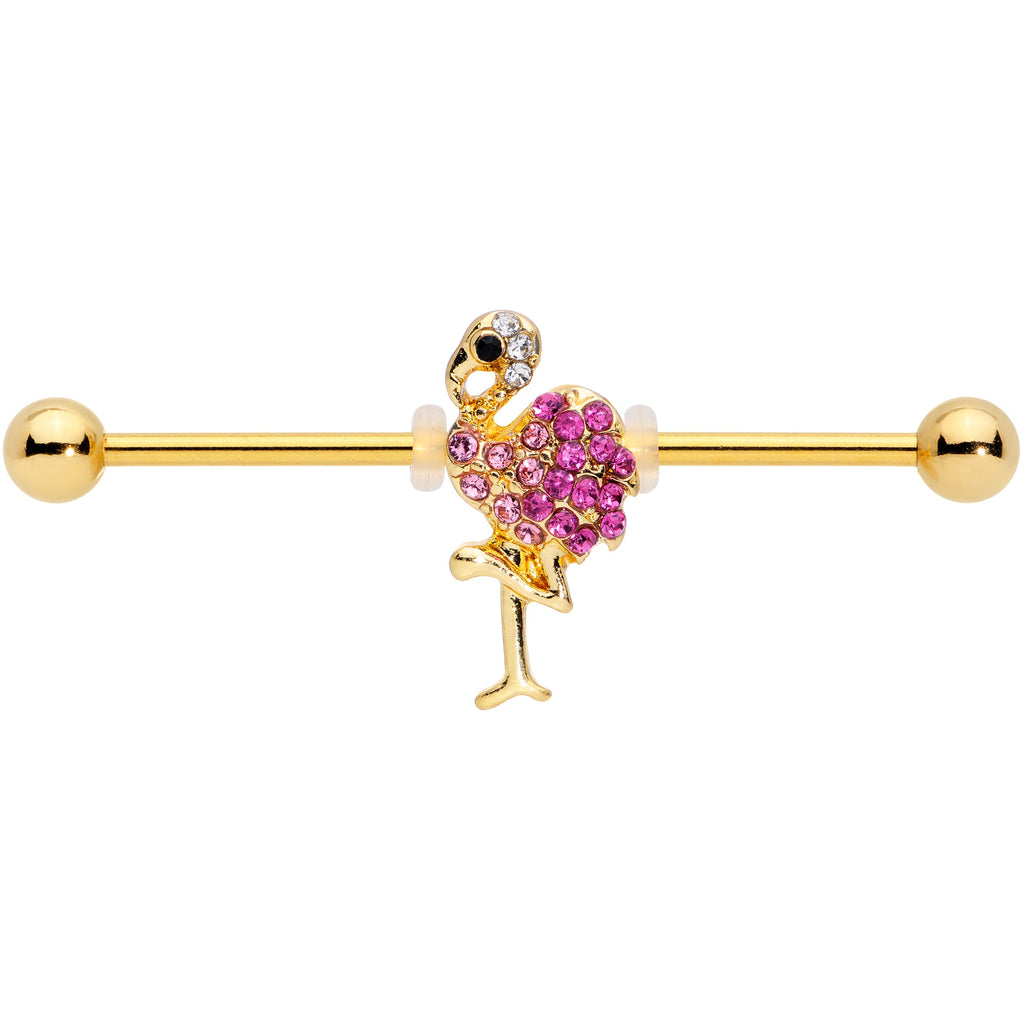 BodyCandy 14G Pink Gem Gold Tone Fashion Flamingo Industrial Barbell 38mm — detail close-up