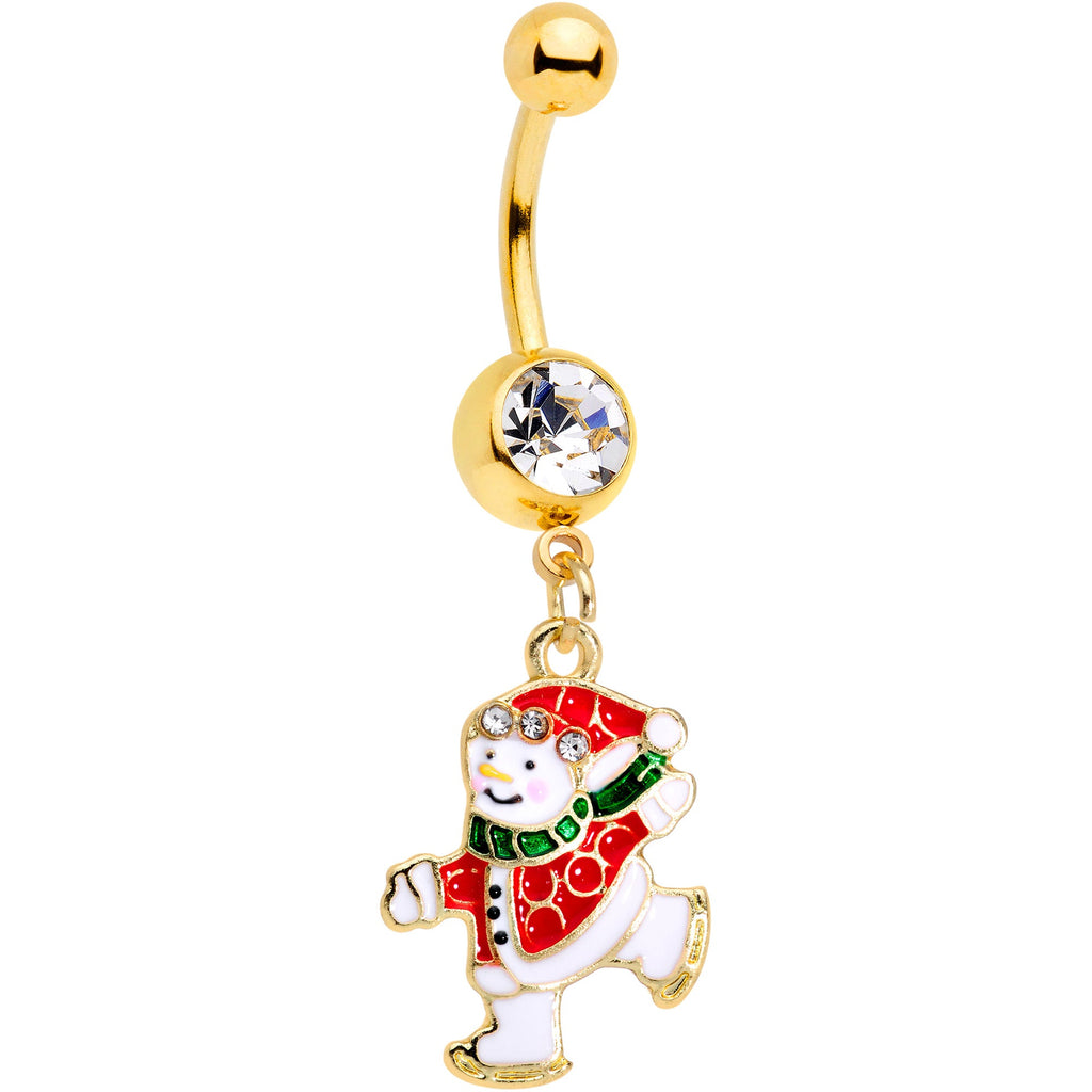 BodyCandy Clear Gem Gold Tone Ice Skating Snowman Christmas Dangle Belly Ring — main product shot