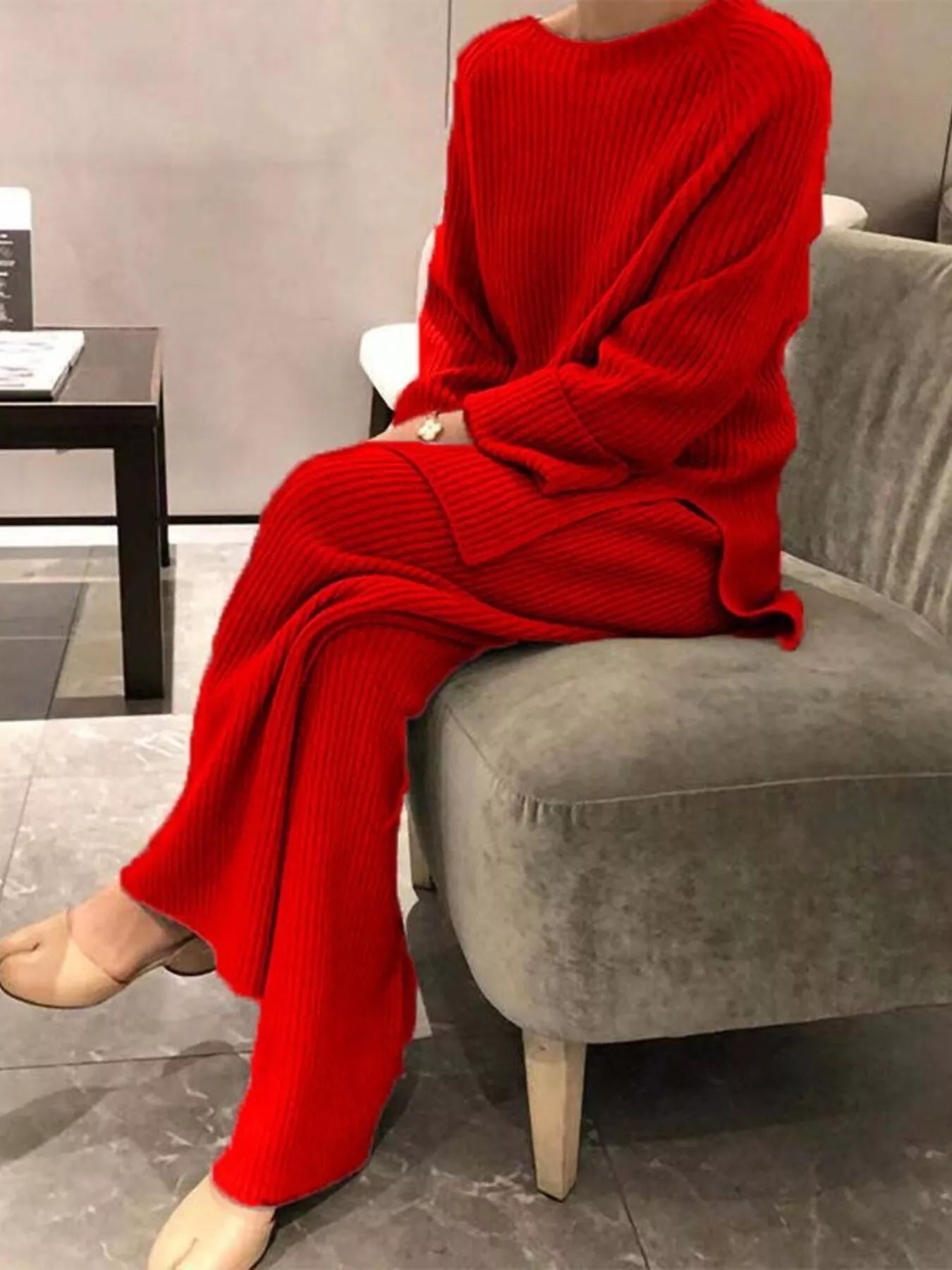 Full Size Ribbed Knit Relaxed Fit Top and Pants Sweater Set Plus Size
