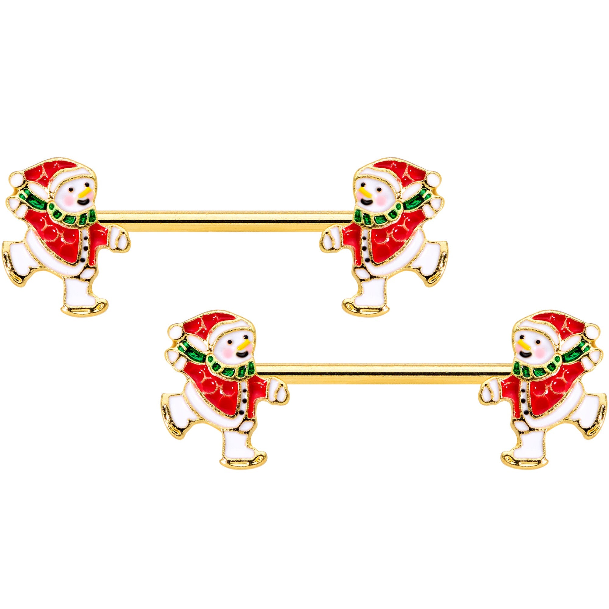 BodyCandy 14G 9/16 Gold Tone Ice Skate Snowman Christmas Nipple Ring Set — main product shot
