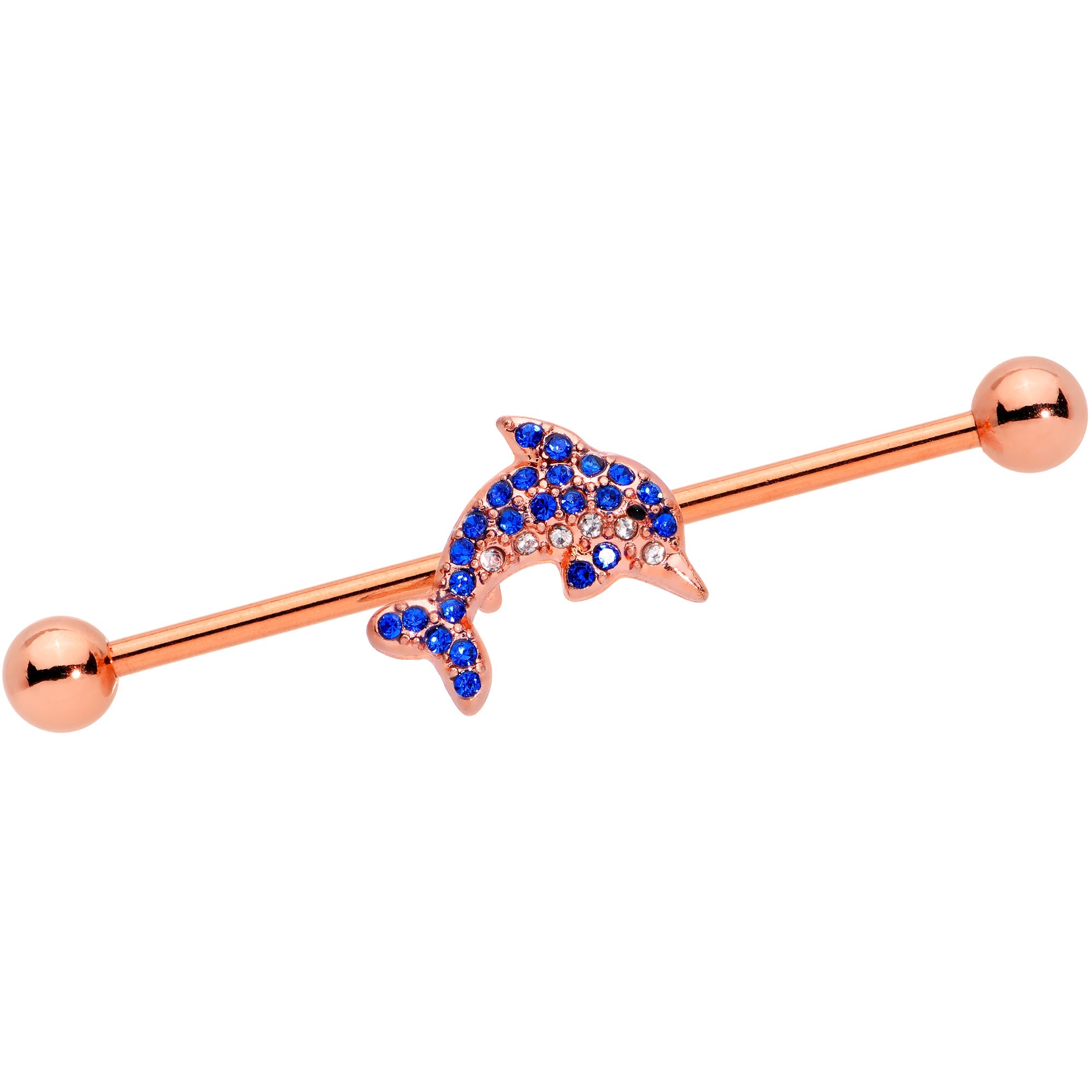 BodyCandy 14G Blue Gem Rose Gold Tone Dolphin Industrial Barbell 38mm — main product shot