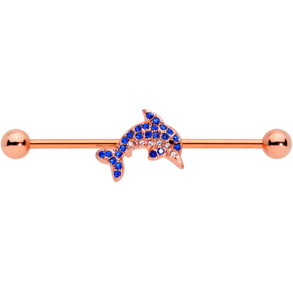 BodyCandy 14G Blue Gem Rose Gold Tone Dolphin Industrial Barbell 38mm — detail close-up