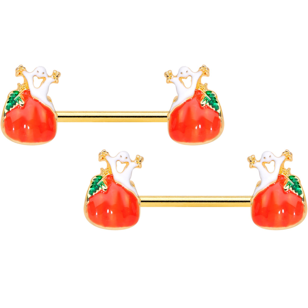 BodyCandy 14G 9/16 Gold Tone Haunted Pumpkin Halloween Nipple Ring Set — main product shot