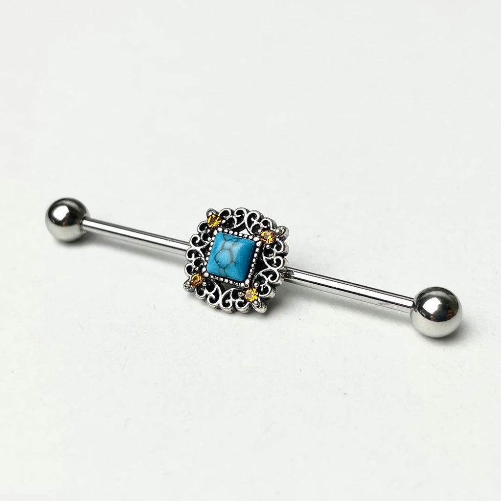 BodyCandy 14G Yellow Gem Blue Faux Turquoise Square Industrial Barbell 38mm — detail close-up