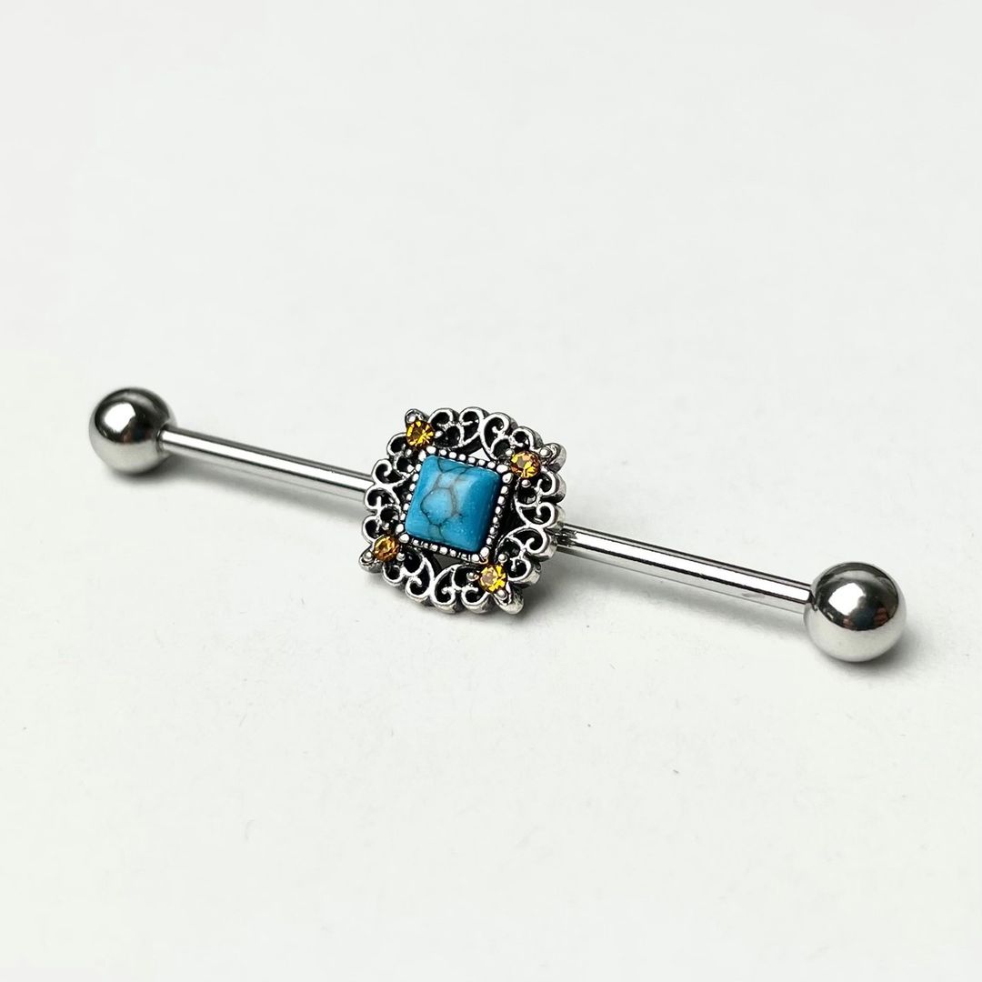 BodyCandy 14G Yellow Gem Blue Faux Turquoise Square Industrial Barbell 38mm — detail close-up