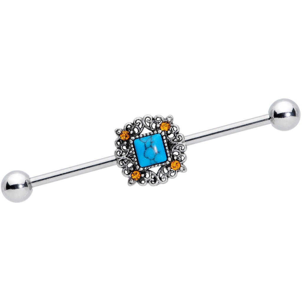 BodyCandy 14G Yellow Gem Blue Faux Turquoise Square Industrial Barbell 38mm — main product shot