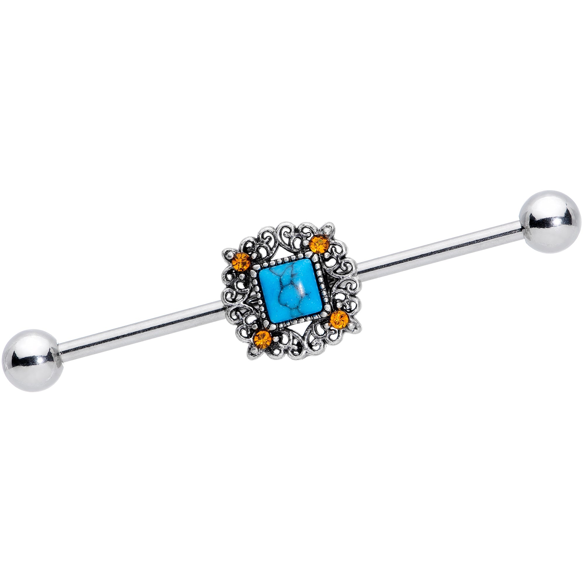 BodyCandy 14G Yellow Gem Blue Faux Turquoise Square Industrial Barbell 38mm — main product shot