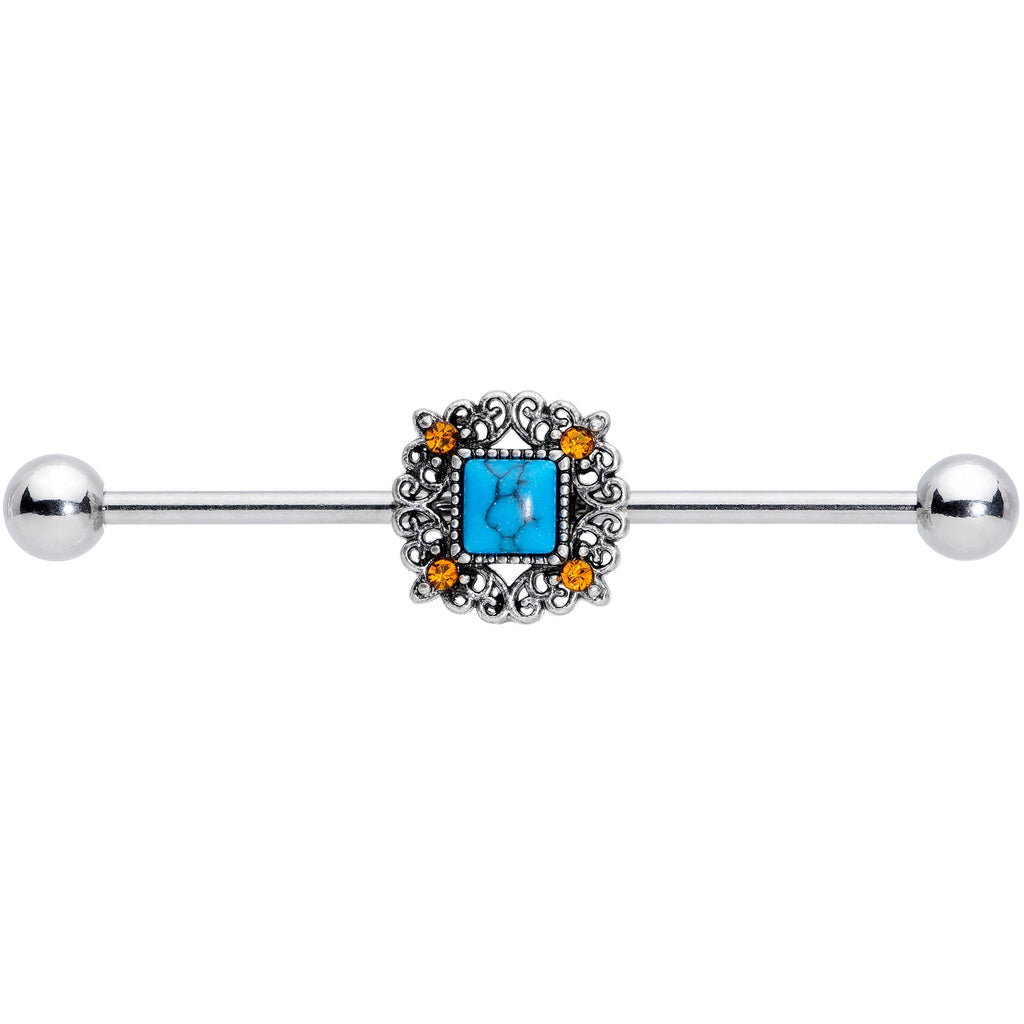 BodyCandy 14G Yellow Gem Blue Faux Turquoise Square Industrial Barbell 38mm — lifestyle context