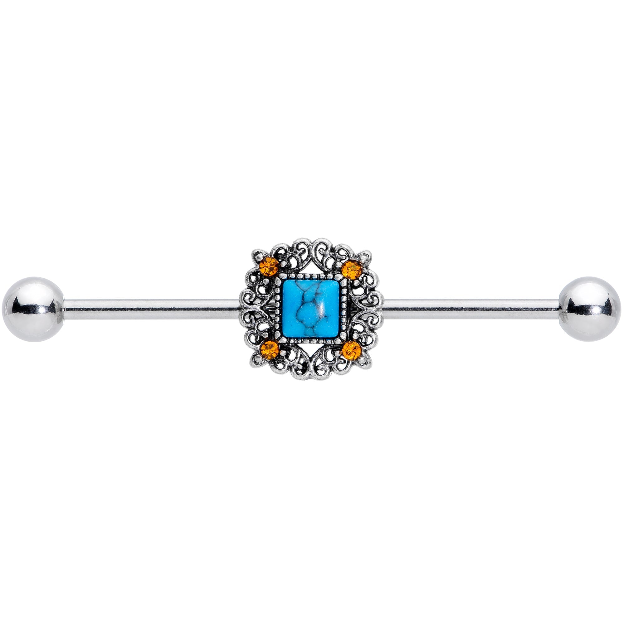 BodyCandy 14G Yellow Gem Blue Faux Turquoise Square Industrial Barbell 38mm — lifestyle context