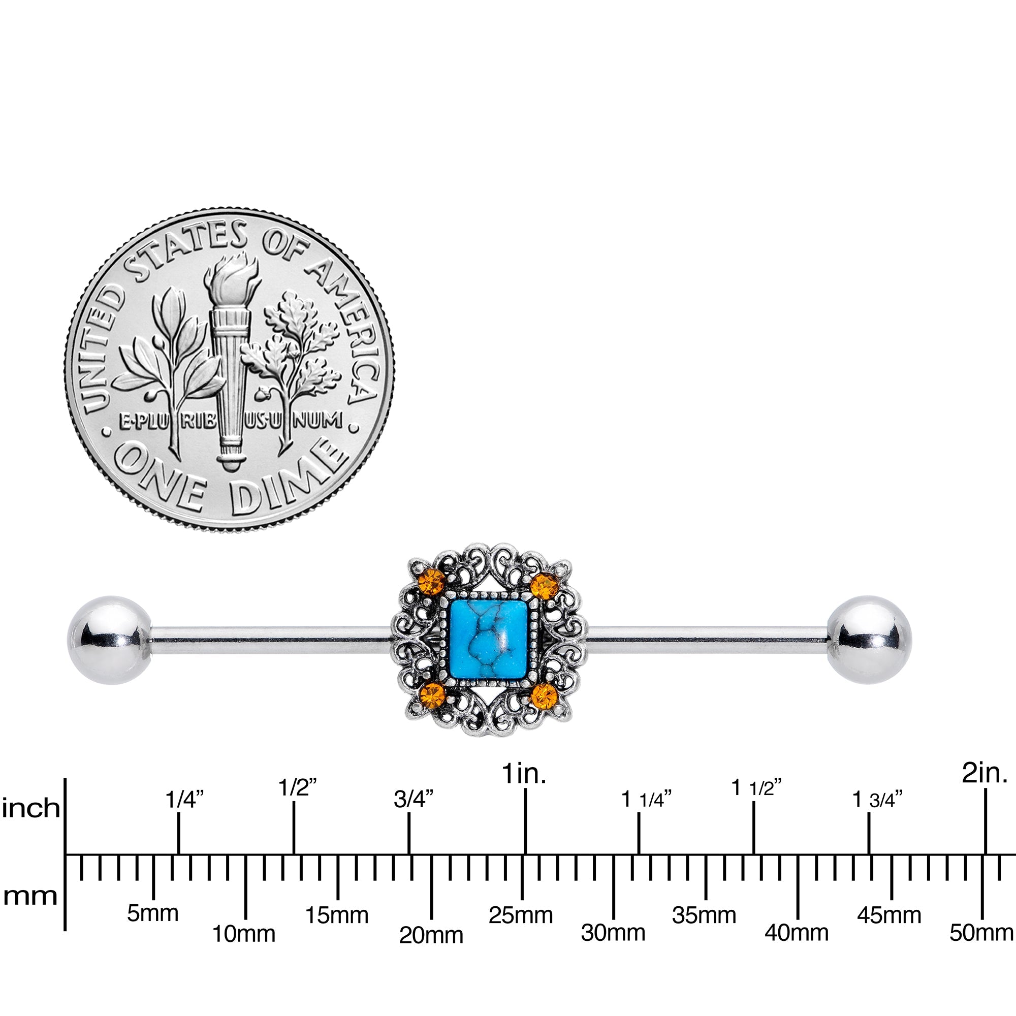BodyCandy 14G Yellow Gem Blue Faux Turquoise Square Industrial Barbell 38mm — side view