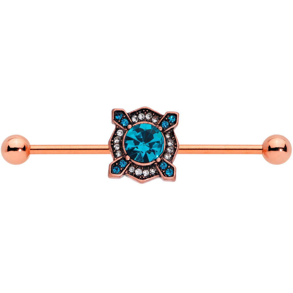 BodyCandy 14G Aqua Gem Rose Gold Tone Renaissance Industrial Barbell 38mm — detail close-up