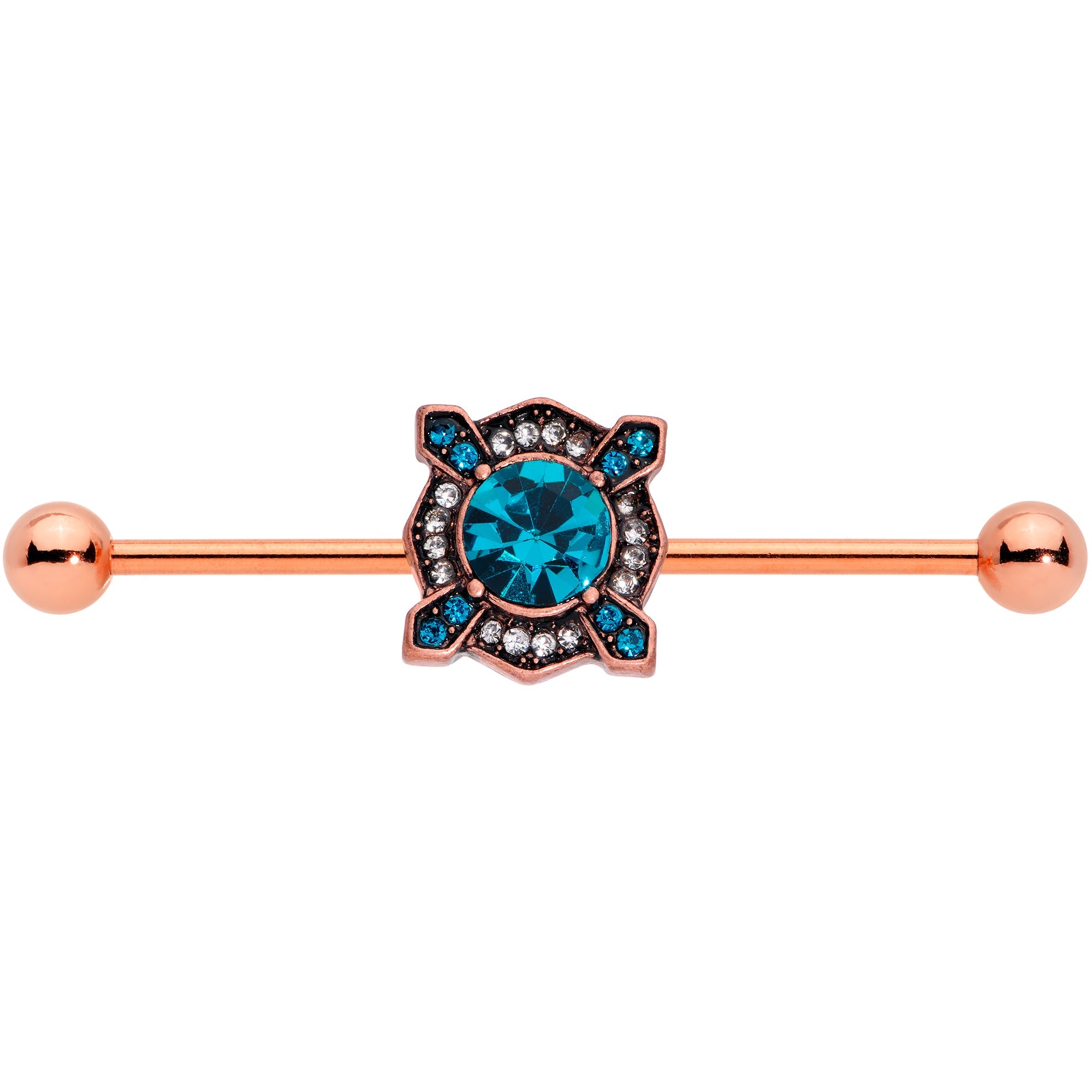 BodyCandy 14G Aqua Gem Rose Gold Tone Renaissance Industrial Barbell 38mm — detail close-up