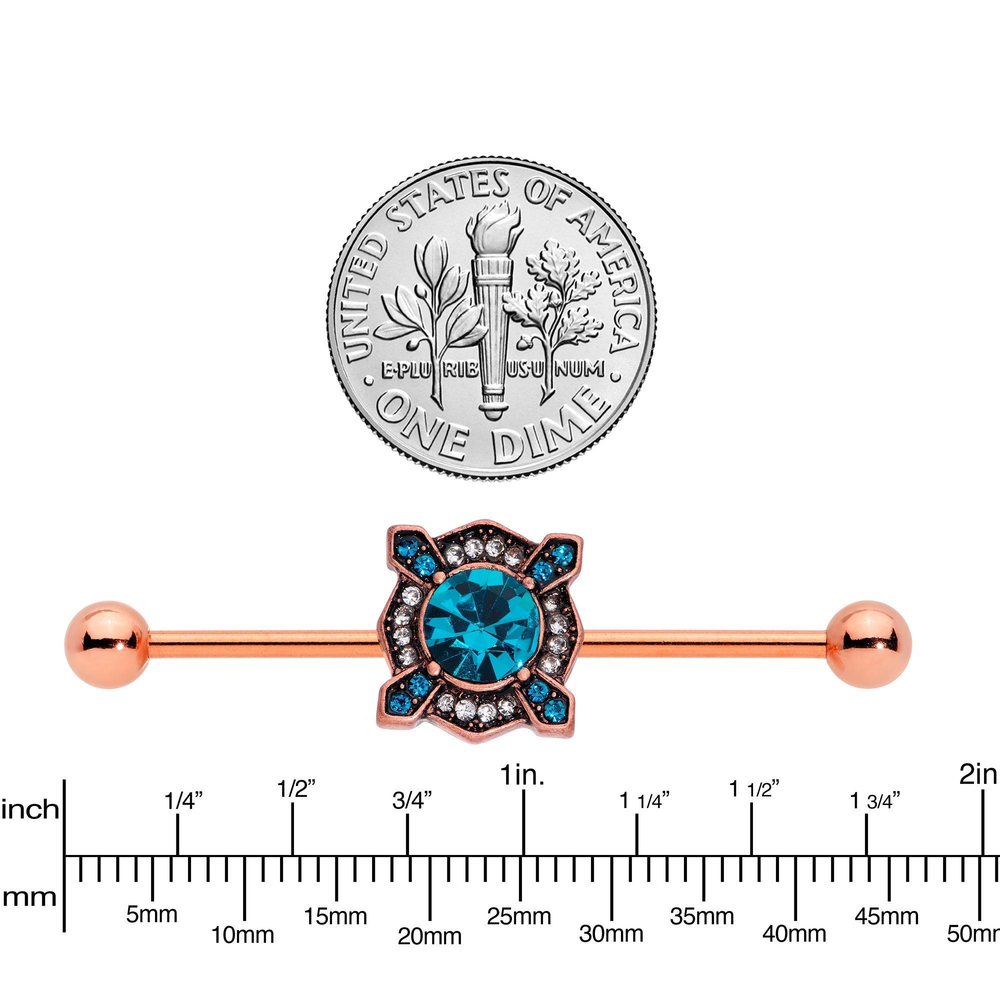 BodyCandy 14G Aqua Gem Rose Gold Tone Renaissance Industrial Barbell 38mm — lifestyle context