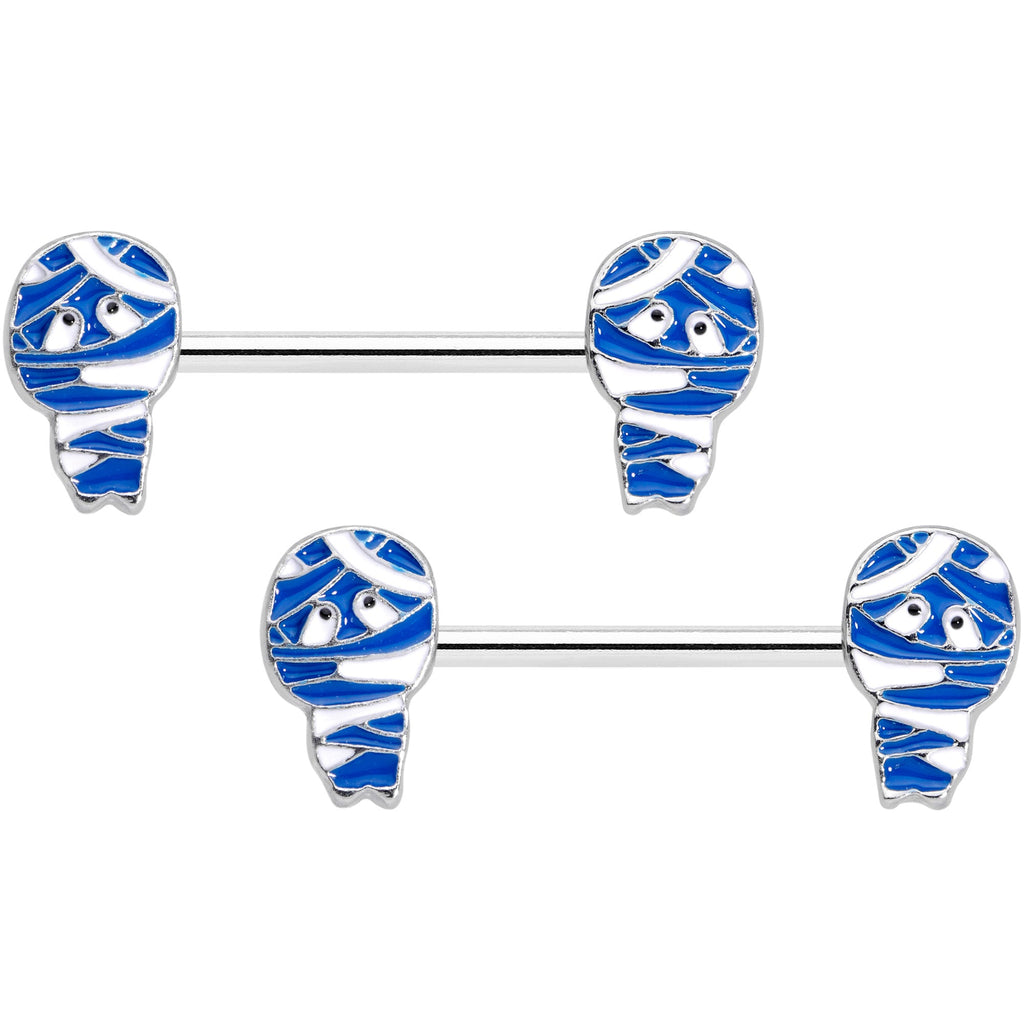 BodyCandy 14G 9/16 Blue White Mummy Halloween Barbell Nipple Ring Set — main product shot