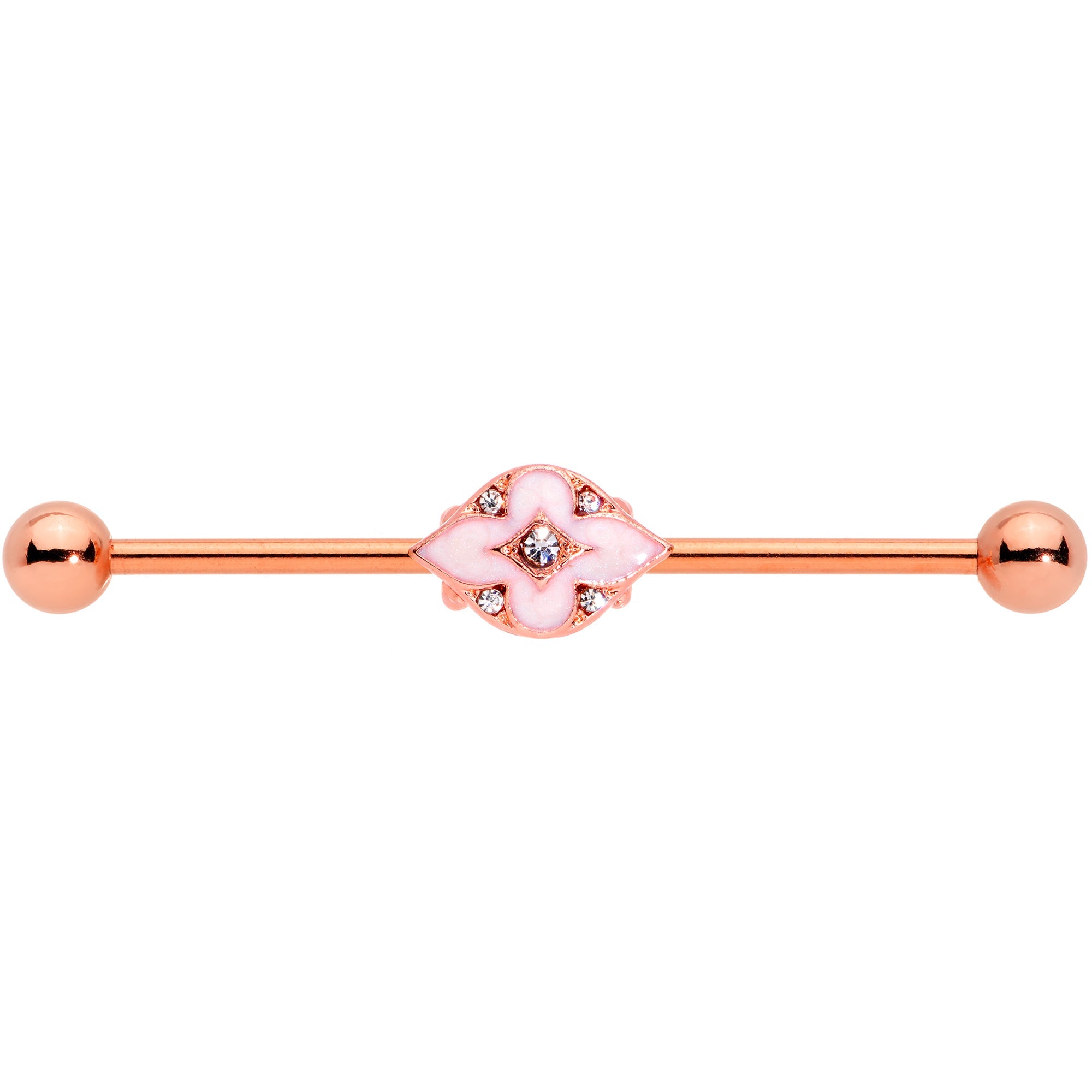 BodyCandy 14G Clear Gem Rose Gold Tone Pink Cross Industrial Barbell 38mm — detail close-up