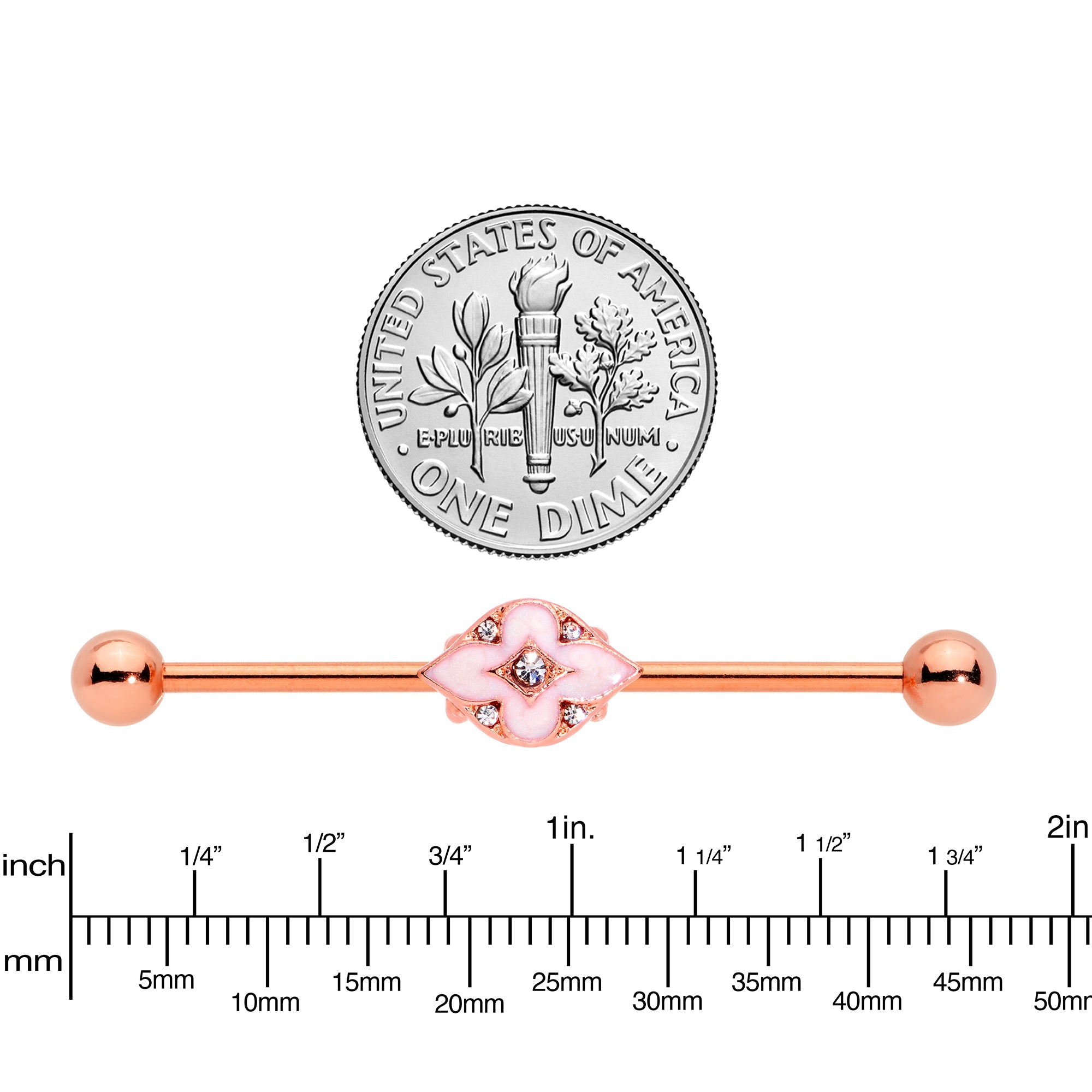 BodyCandy 14G Clear Gem Rose Gold Tone Pink Cross Industrial Barbell 38mm — lifestyle context