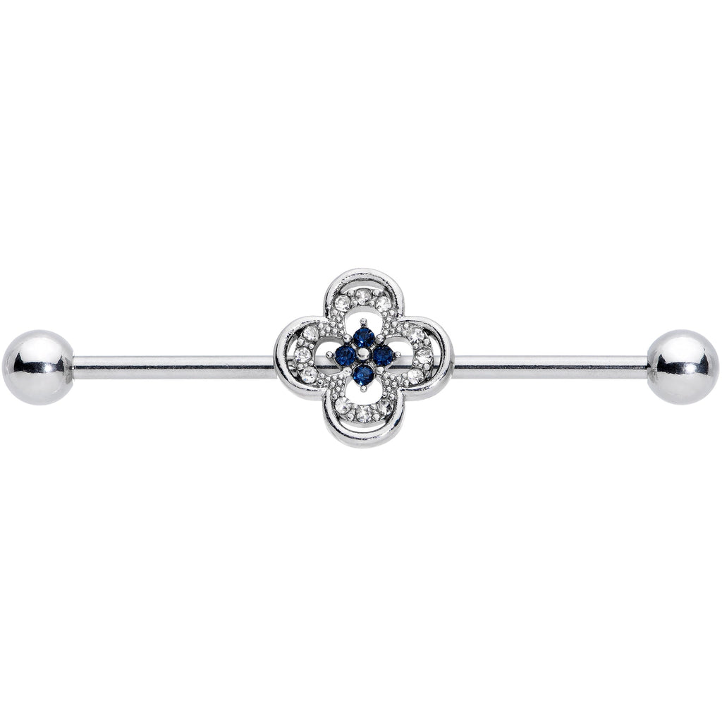 BodyCandy 14G Blue Gem Stylized Deco Cross Industrial Barbell 38mm — detail close-up