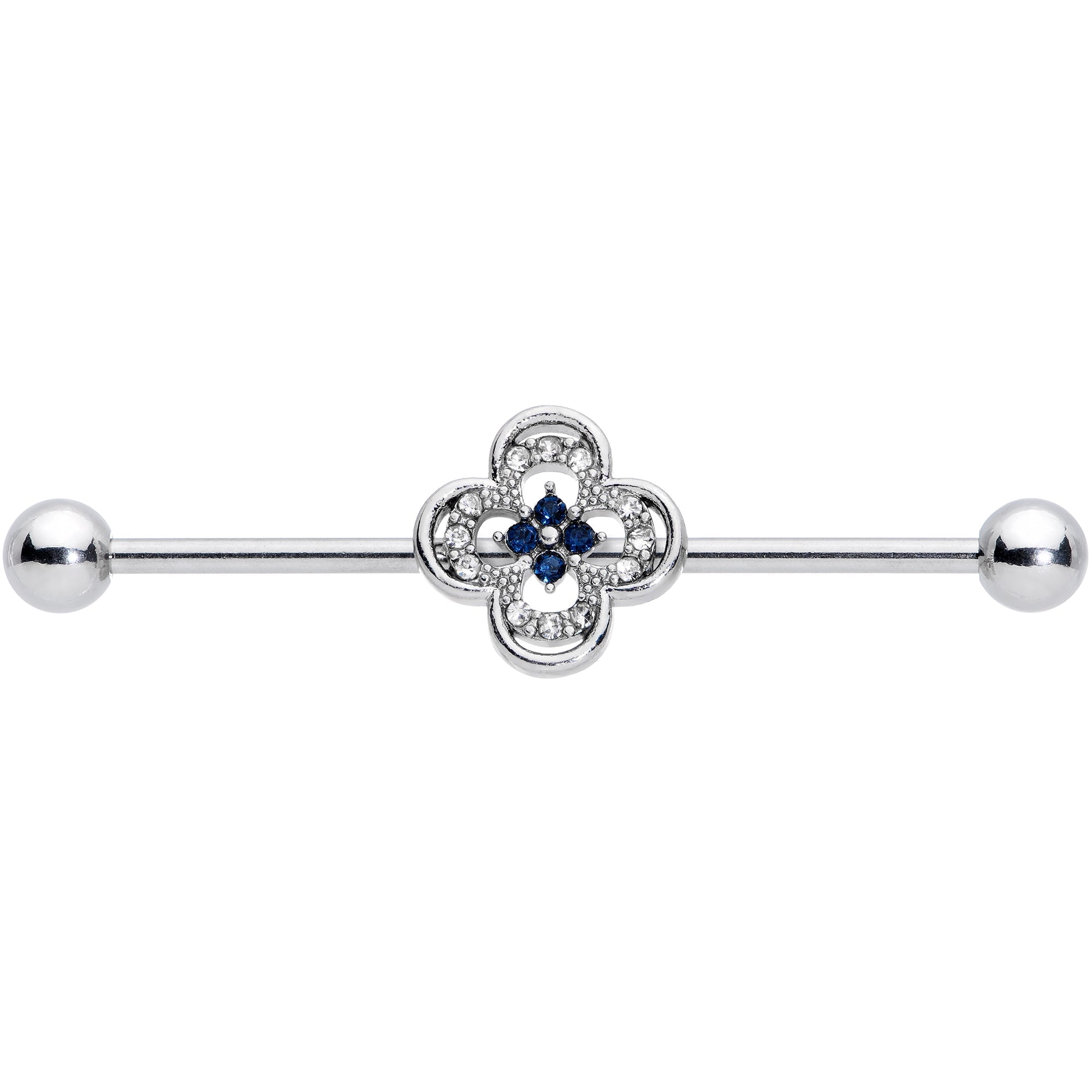 BodyCandy 14G Blue Gem Stylized Deco Cross Industrial Barbell 38mm — detail close-up