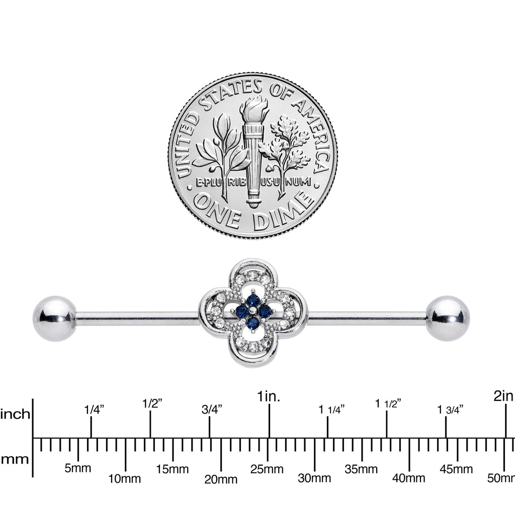 BodyCandy 14G Blue Gem Stylized Deco Cross Industrial Barbell 38mm — lifestyle context