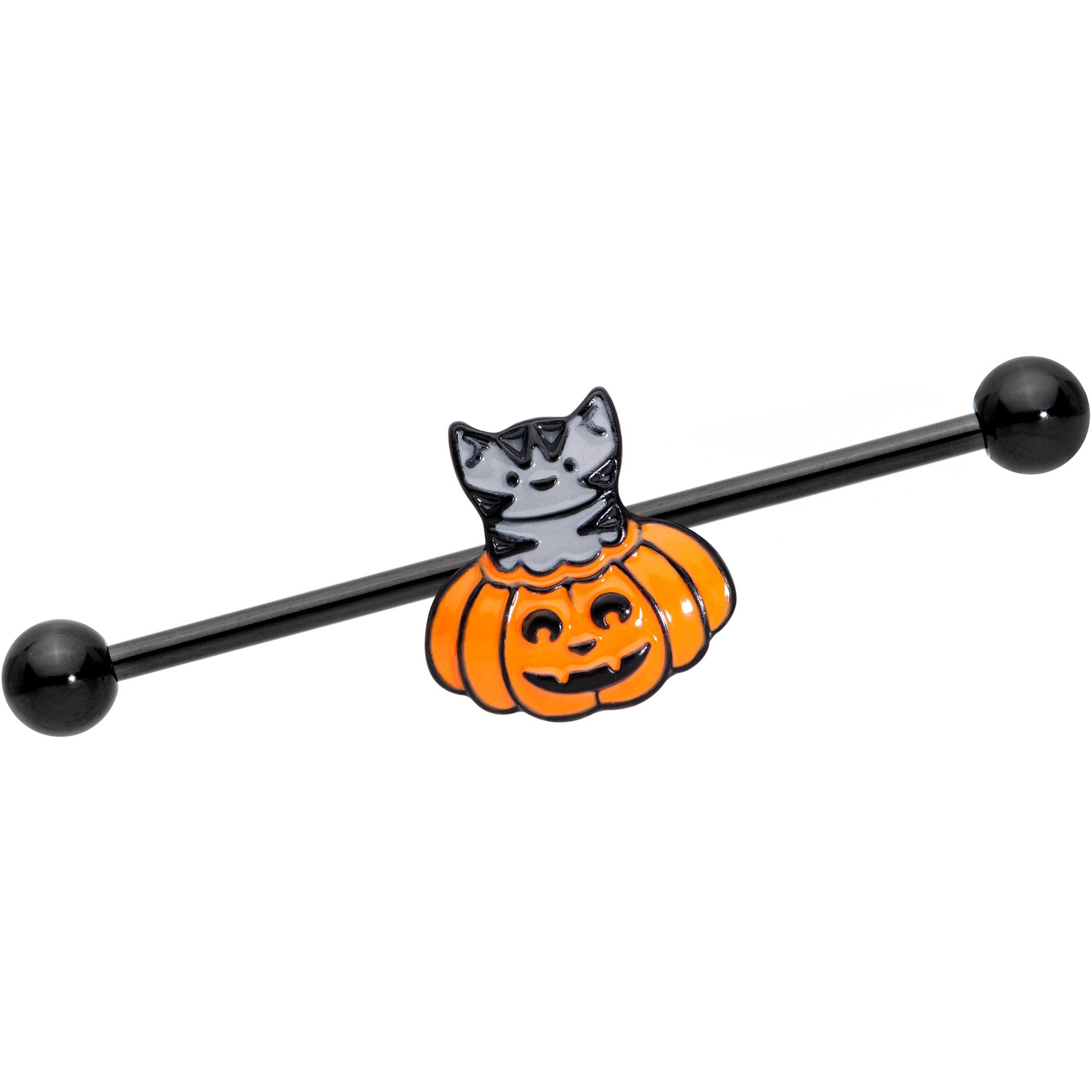 BodyCandy 14G Black Tabby Cat Pumpkin Halloween Industrial Barbell 38mm — main product shot