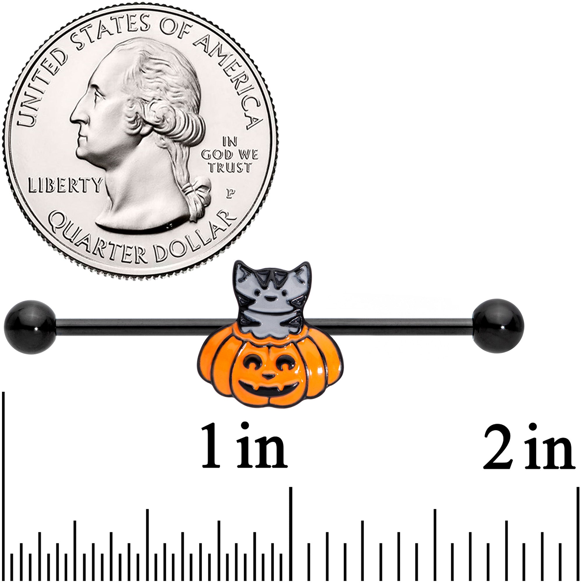 BodyCandy 14G Black Tabby Cat Pumpkin Halloween Industrial Barbell 38mm — detail close-up