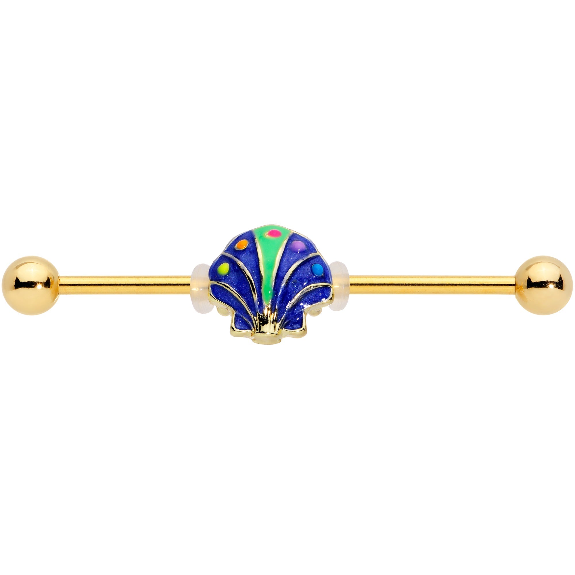 BodyCandy 14G Gold Tone Blue Shell Industrial Barbell 38mm — detail close-up