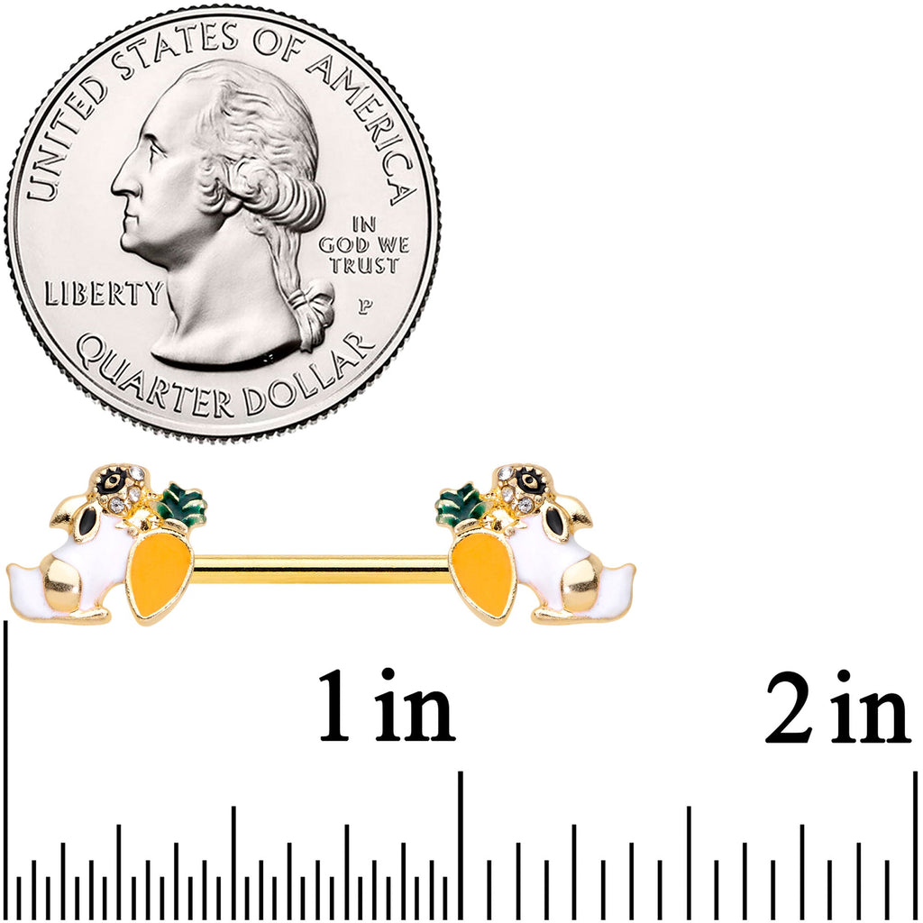 BodyCandy 14G 9/16 Clear Gem Gold Tone Carrot Bunny Barbell Nipple Ring Set — detail close-up