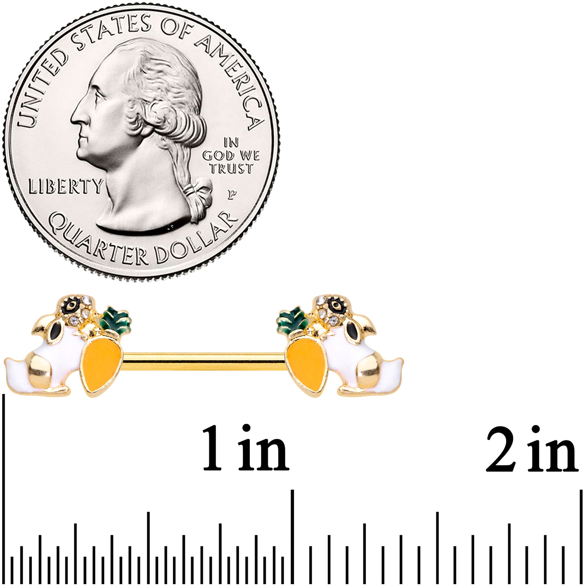 BodyCandy 14G 9/16 Clear Gem Gold Tone Carrot Bunny Barbell Nipple Ring Set — detail close-up