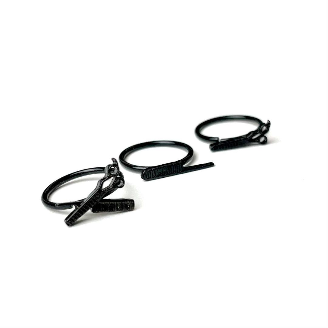 BodyCandy 16G 1/4 Black Scissor Comb Hair Cartilage Tragus Earring Set of 3 — detail close-up