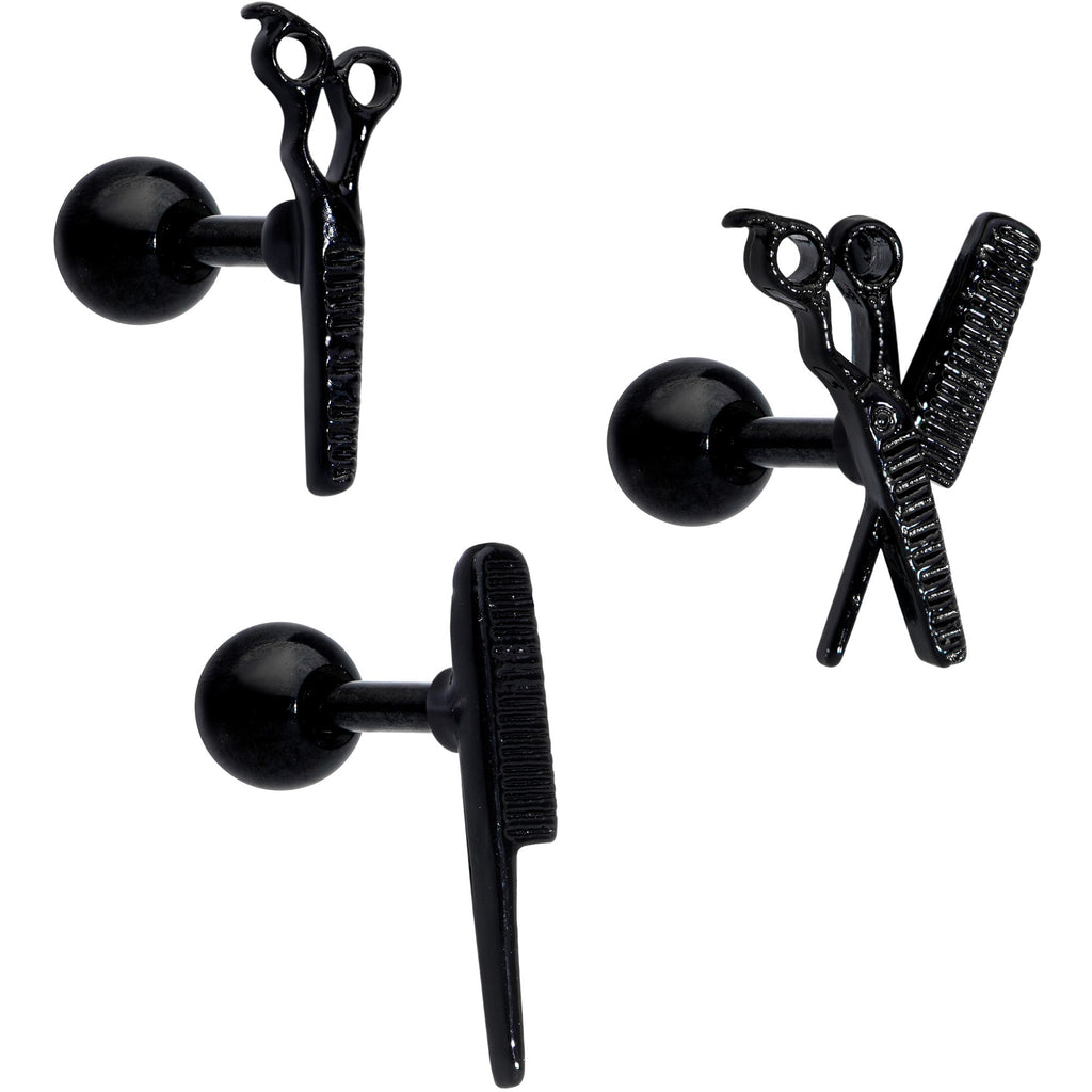BodyCandy 16G 1/4 Black Scissor Comb Hair Cartilage Tragus Earring Set of 3 — main product shot