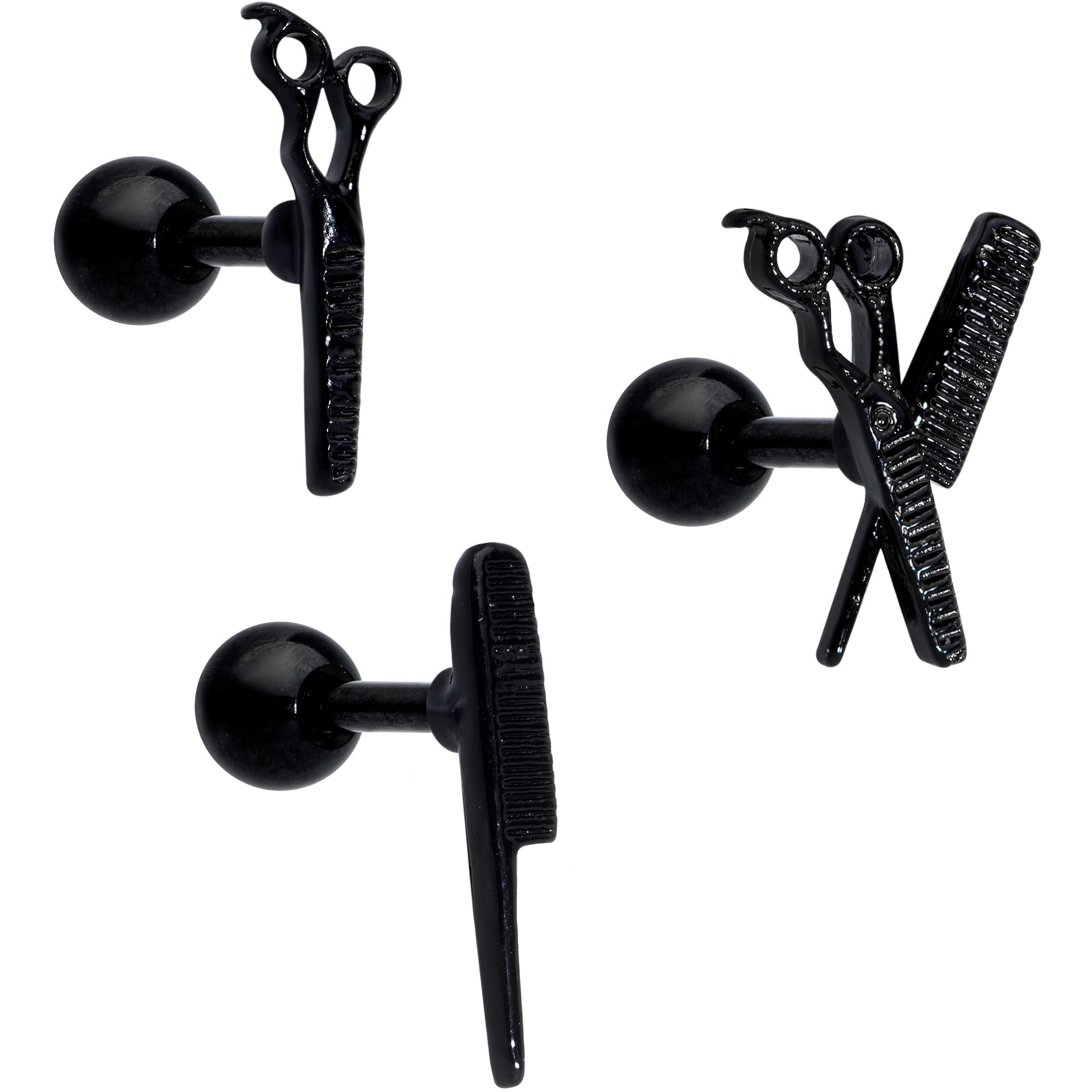 BodyCandy 16G 1/4 Black Scissor Comb Hair Cartilage Tragus Earring Set of 3 — main product shot