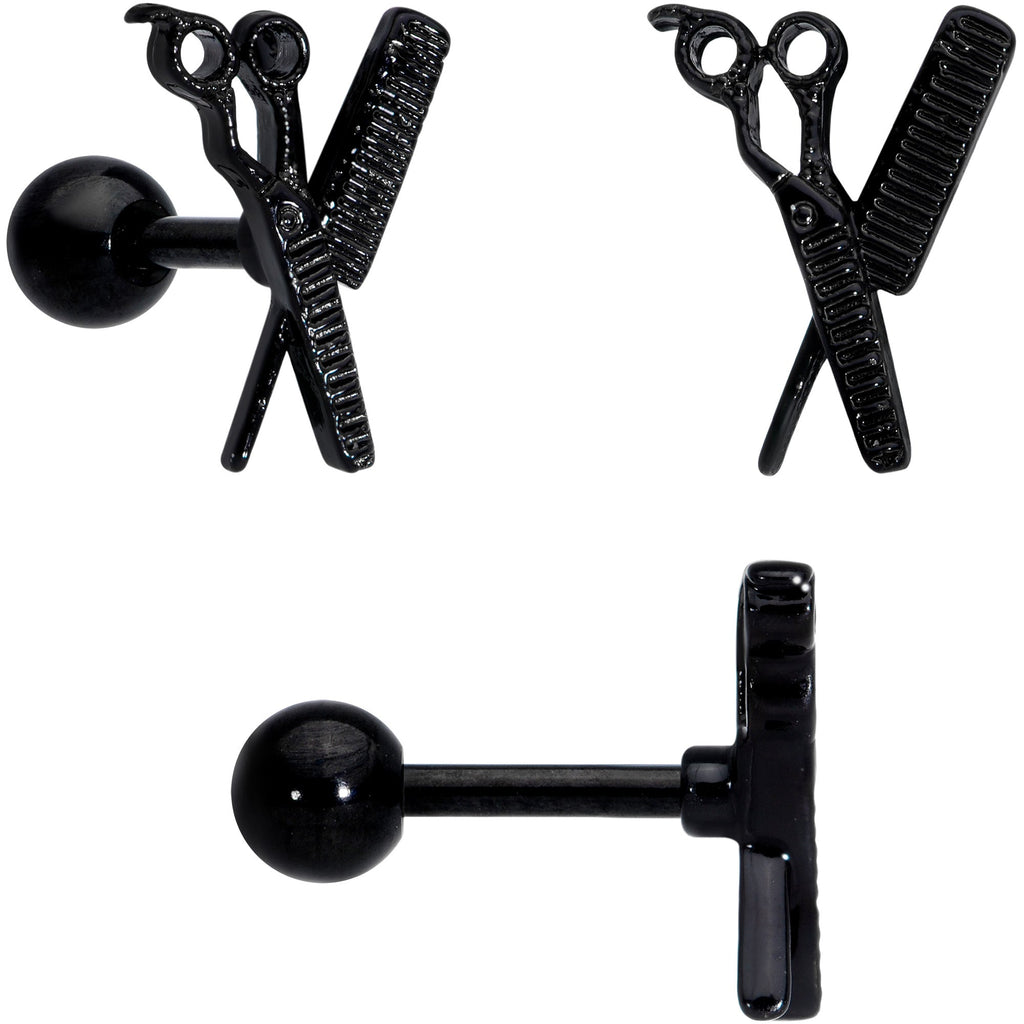BodyCandy 16G 1/4 Black Scissor Comb Hair Cartilage Tragus Earring Set of 3 — side view