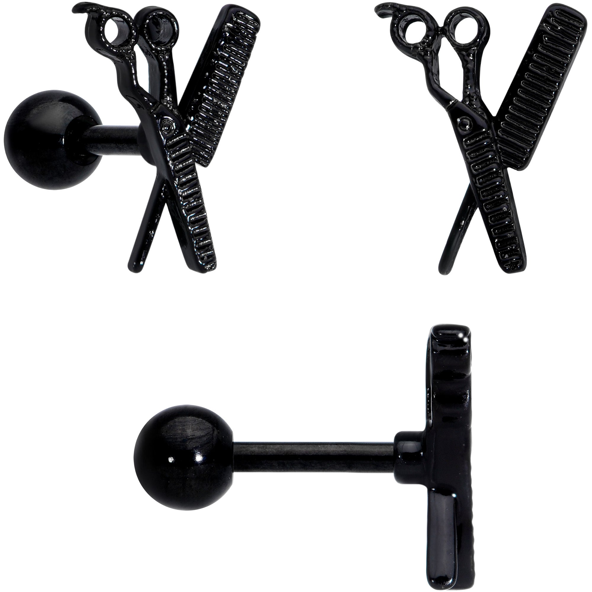 BodyCandy 16G 1/4 Black Scissor Comb Hair Cartilage Tragus Earring Set of 3 — side view