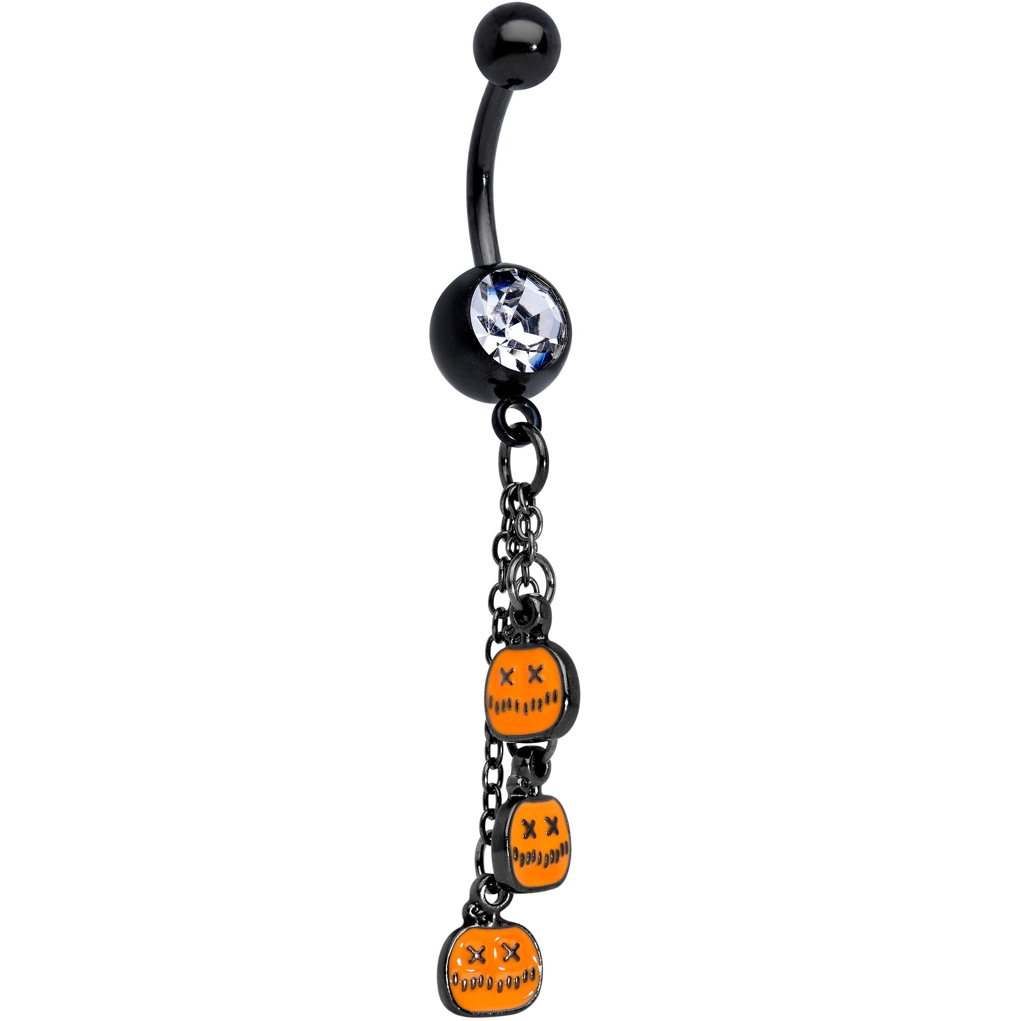 BodyCandy Clear Gem Black Pumpkin Halloween Chain Dangle Belly Ring — main product shot
