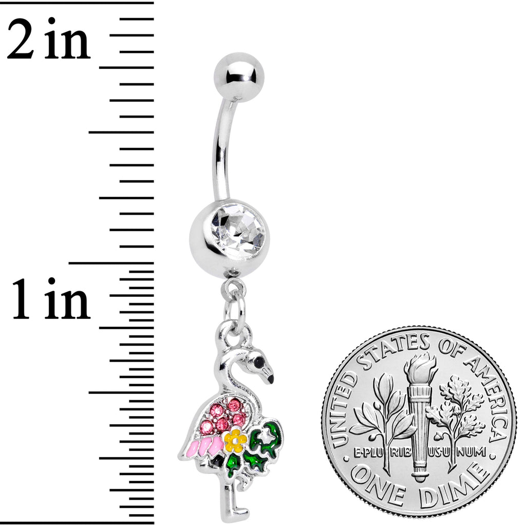 BodyCandy Clear Pink Gem Funky Flamingo Dangle Belly Ring — detail close-up