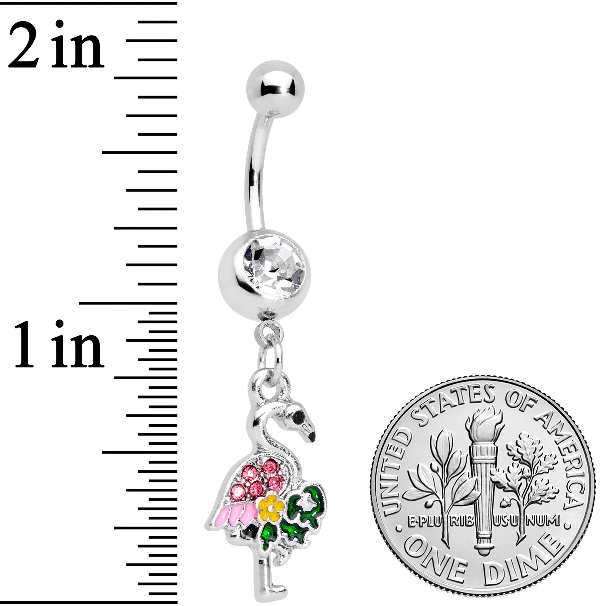 BodyCandy Clear Pink Gem Funky Flamingo Dangle Belly Ring — detail close-up