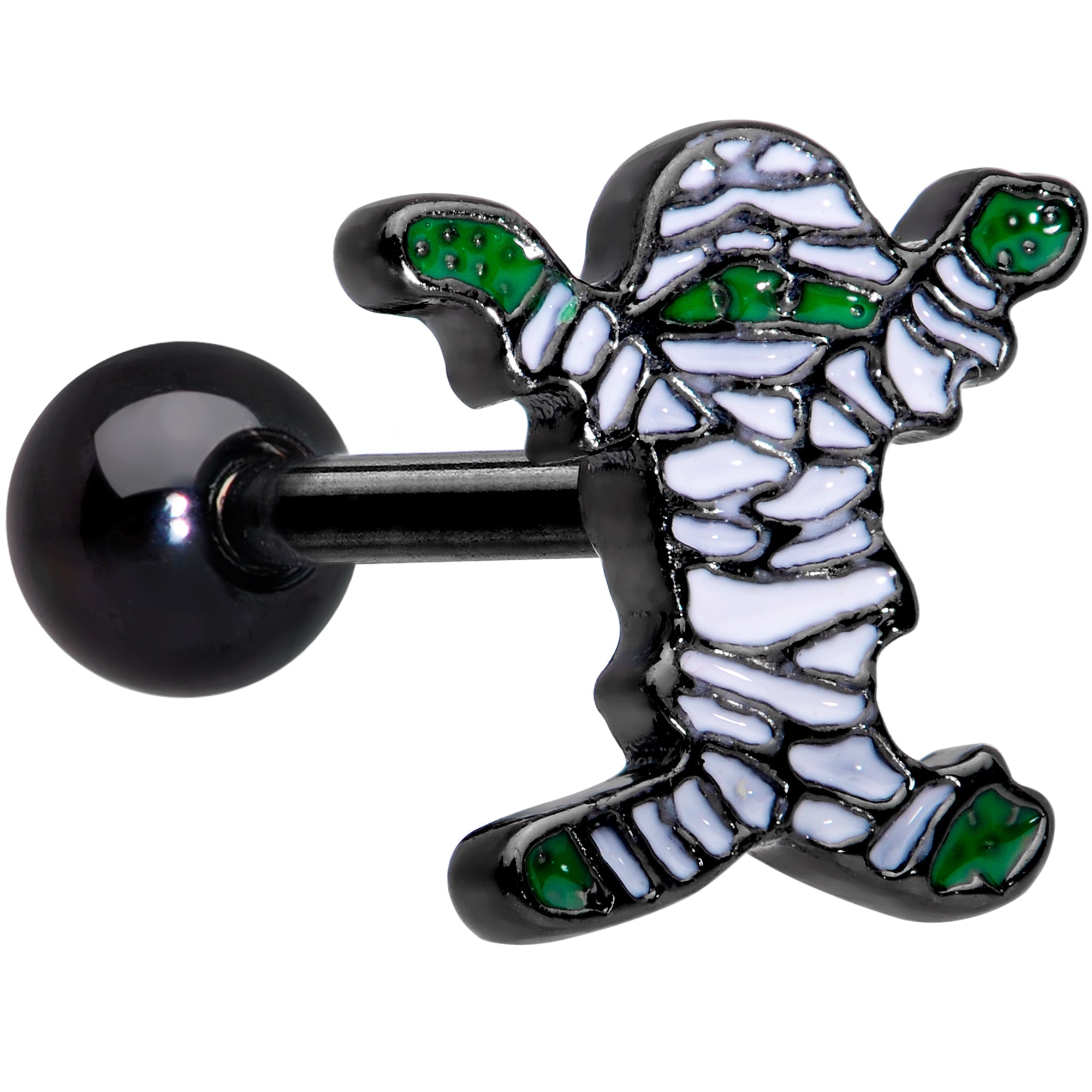 BodyCandy 16G 1/4 Black Plated Green White Mummy Halloween Cartilage Tragus — main product shot